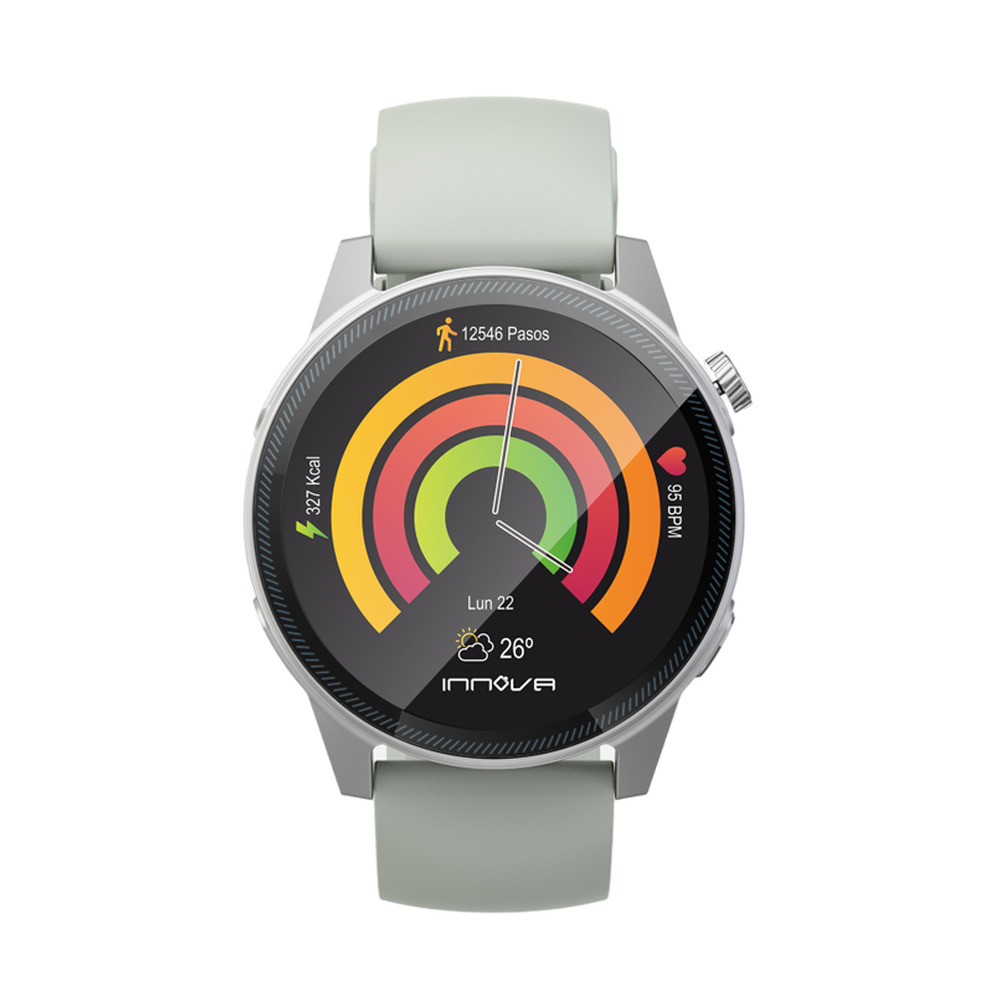 Un elegante smartwatch con caja gris, correa de silicona verde y una esfera que muestra anillos de actividad.