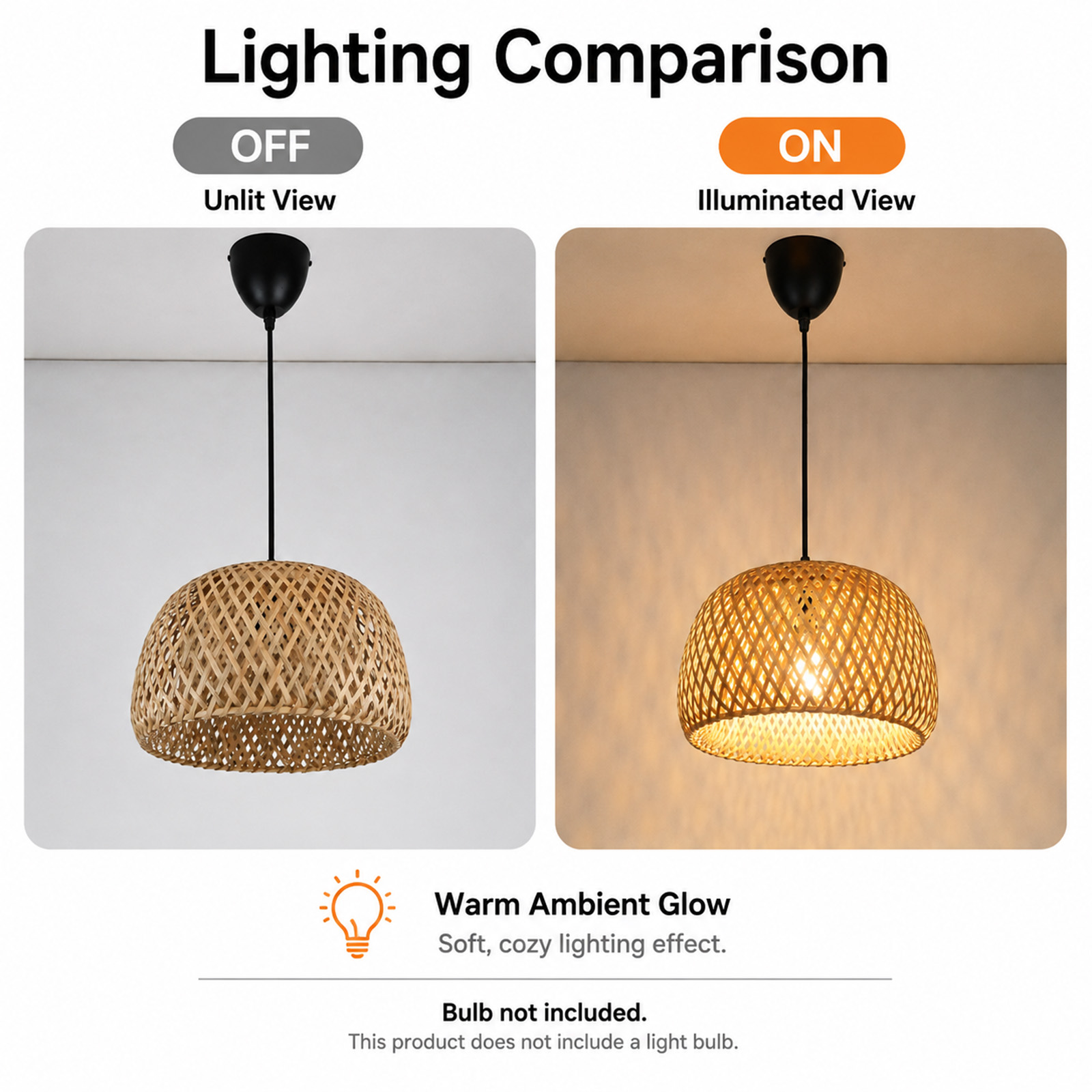 Comparación de lámpara colgante tejida: apagada a la izquierda, iluminada con luz cálida a la derecha.