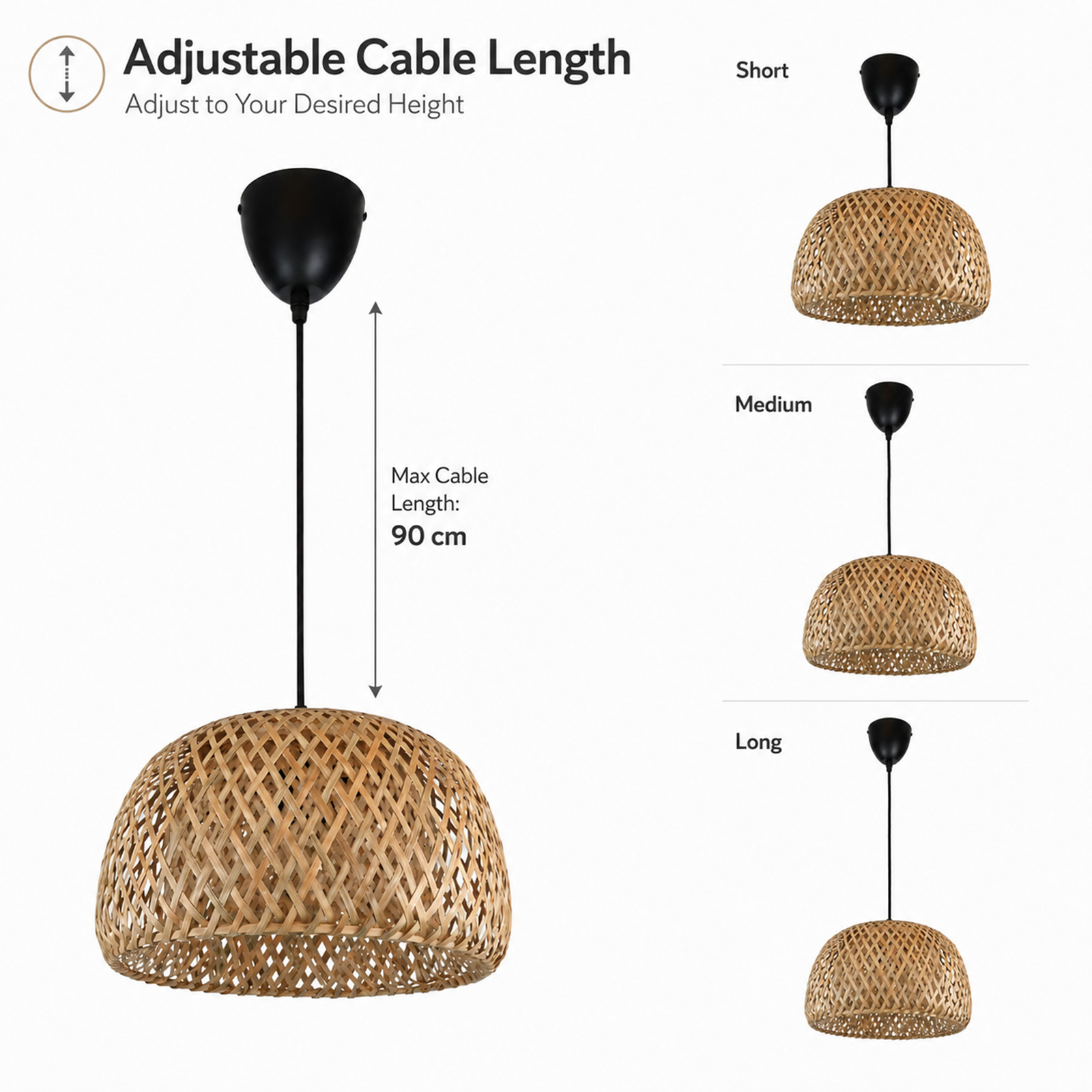 El diagrama muestra la longitud ajustable del cable de una lámpara colgante en corto, mediano y largo.
