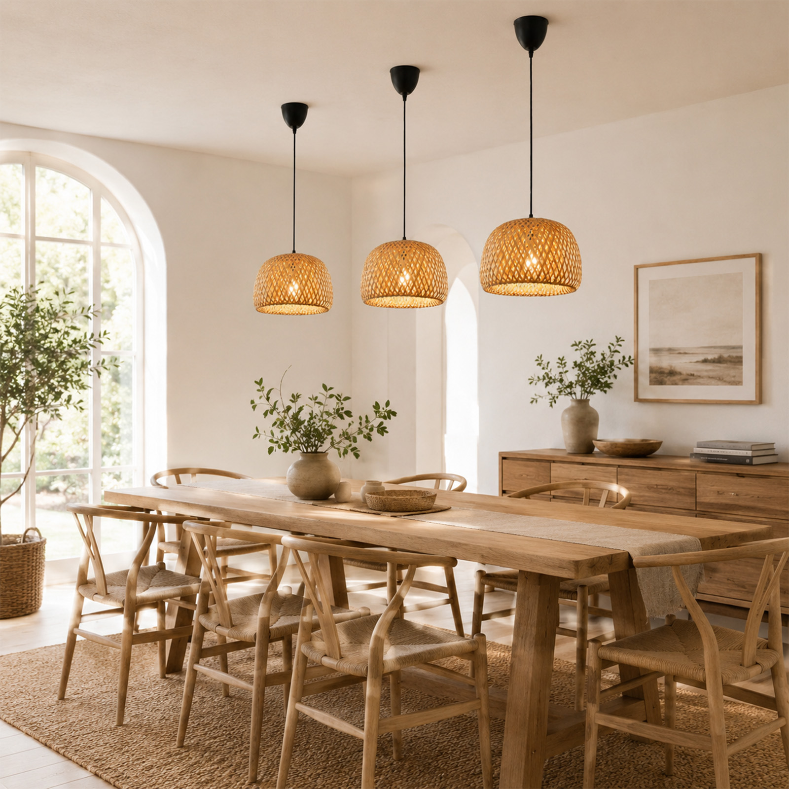 Un comedor con una mesa larga de madera, sillas y tres lámparas de mimbre.