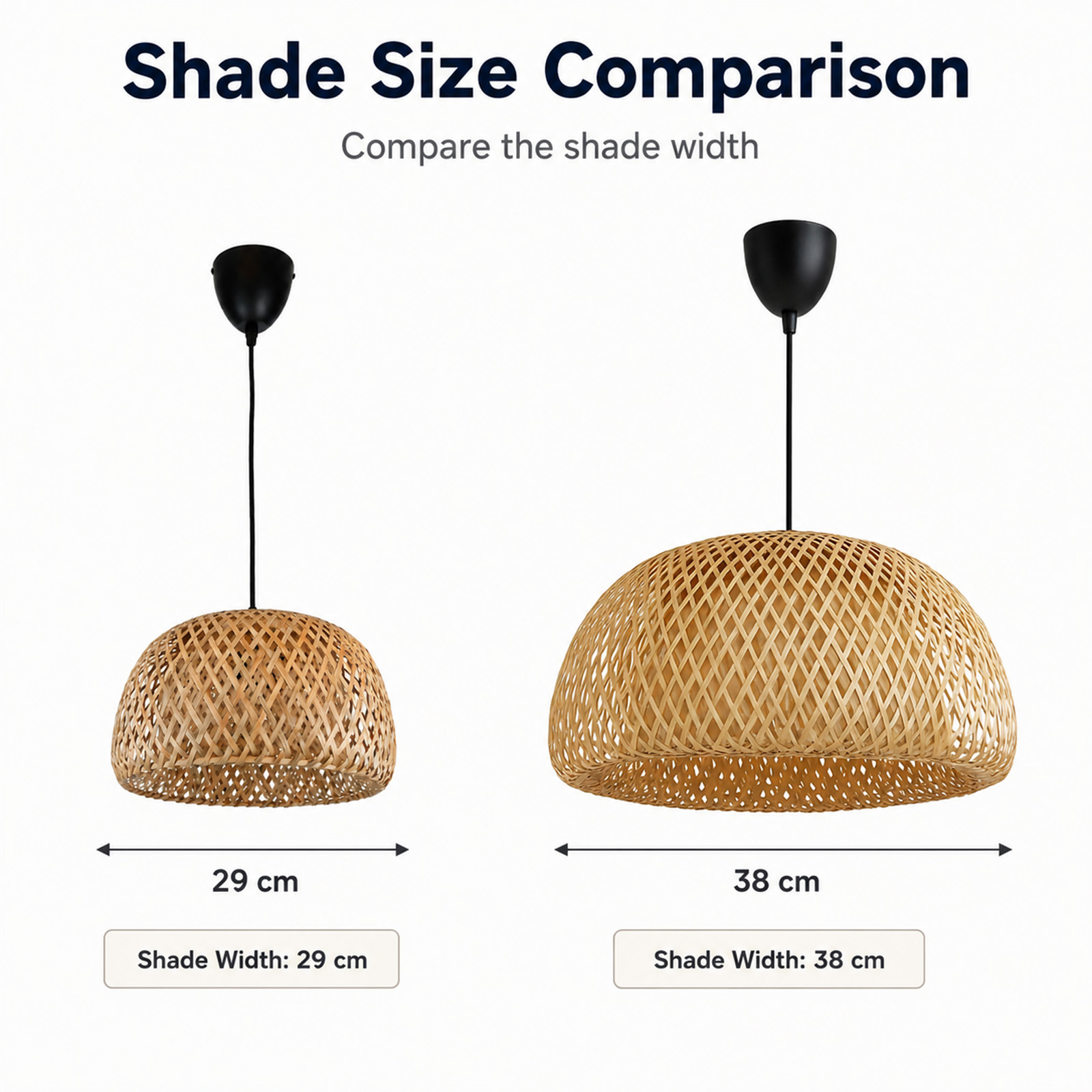 Comparación de tamaños de dos lámparas colgantes de bambú tejido de 29 cm y 38 cm.