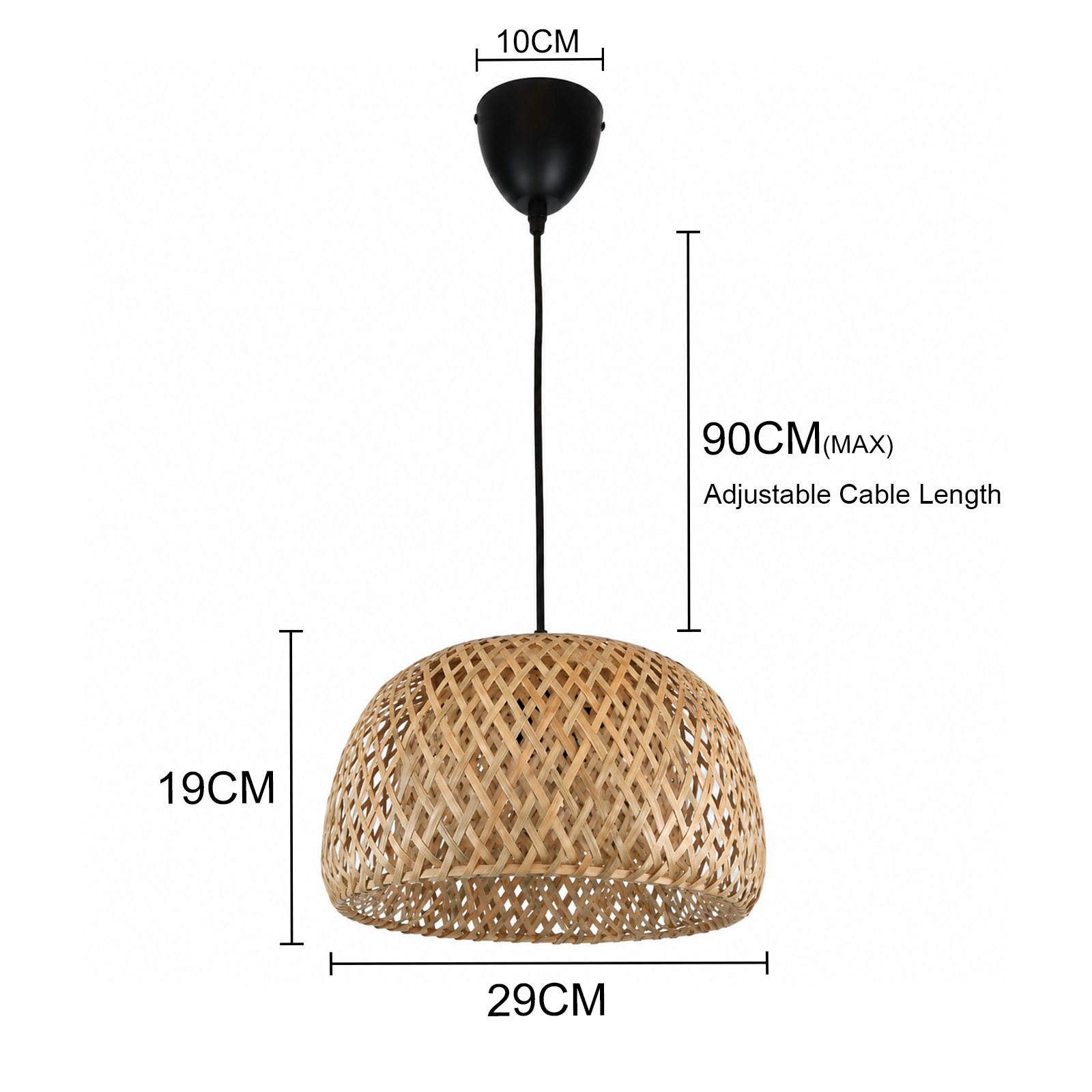 Lámpara colgante de bambú con detalles negros y dimensiones: 29cm de diámetro, 19cm de alto y hasta 90cm de cable.