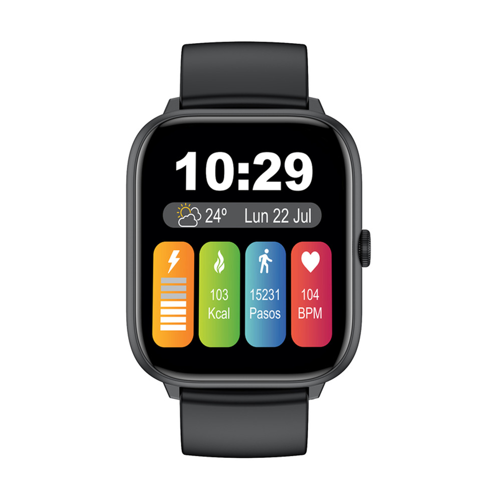 Un reloj inteligente negro muestra hora, clima, calorías, pasos y ritmo cardíaco.