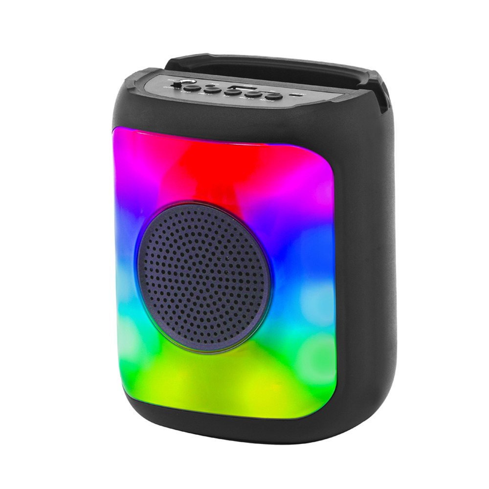 Un altavoz negro portátil con luces LED de arco iris y botones de control redondos.