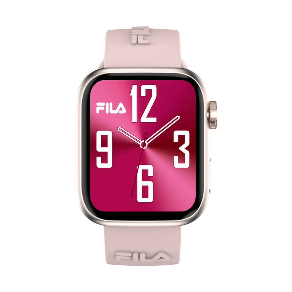 Reloj inteligente rosa con esfera roja y logotipo de Fila blanco en la correa.
