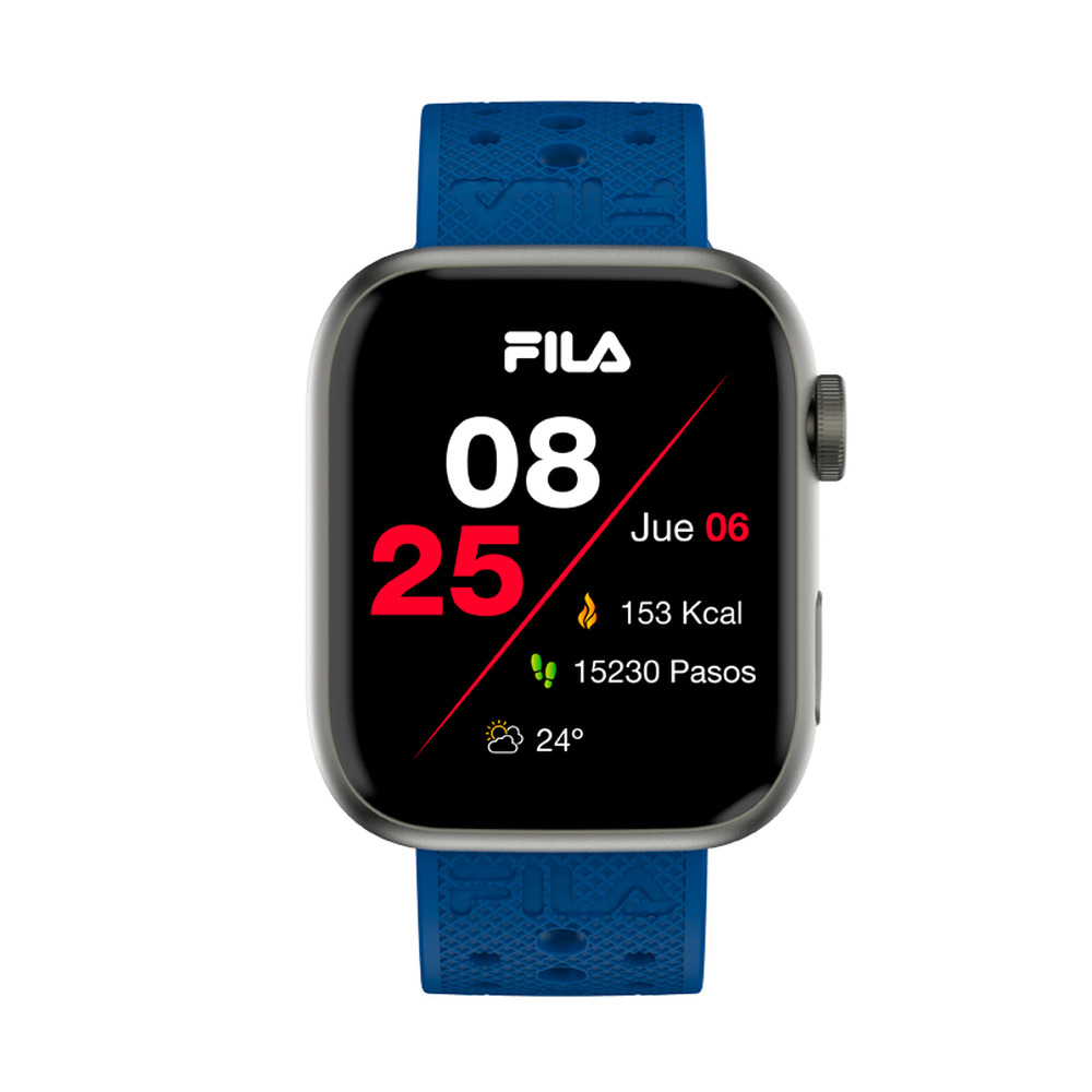 Un reloj inteligente Fila gris con correa de silicona azul muestra la hora, calorías, pasos y temperatura.