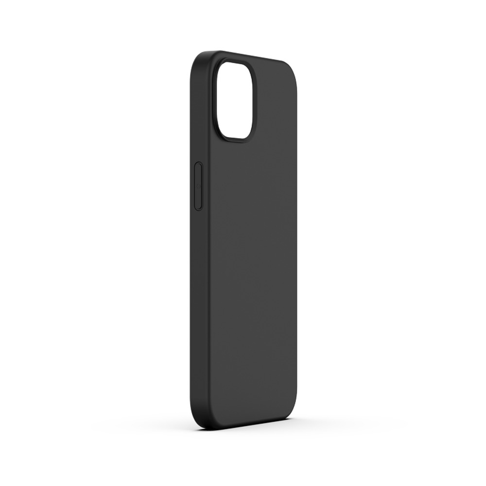 Una funda de móvil negro mate sobre fondo blanco con un recorte cuadrado para la cámara.
