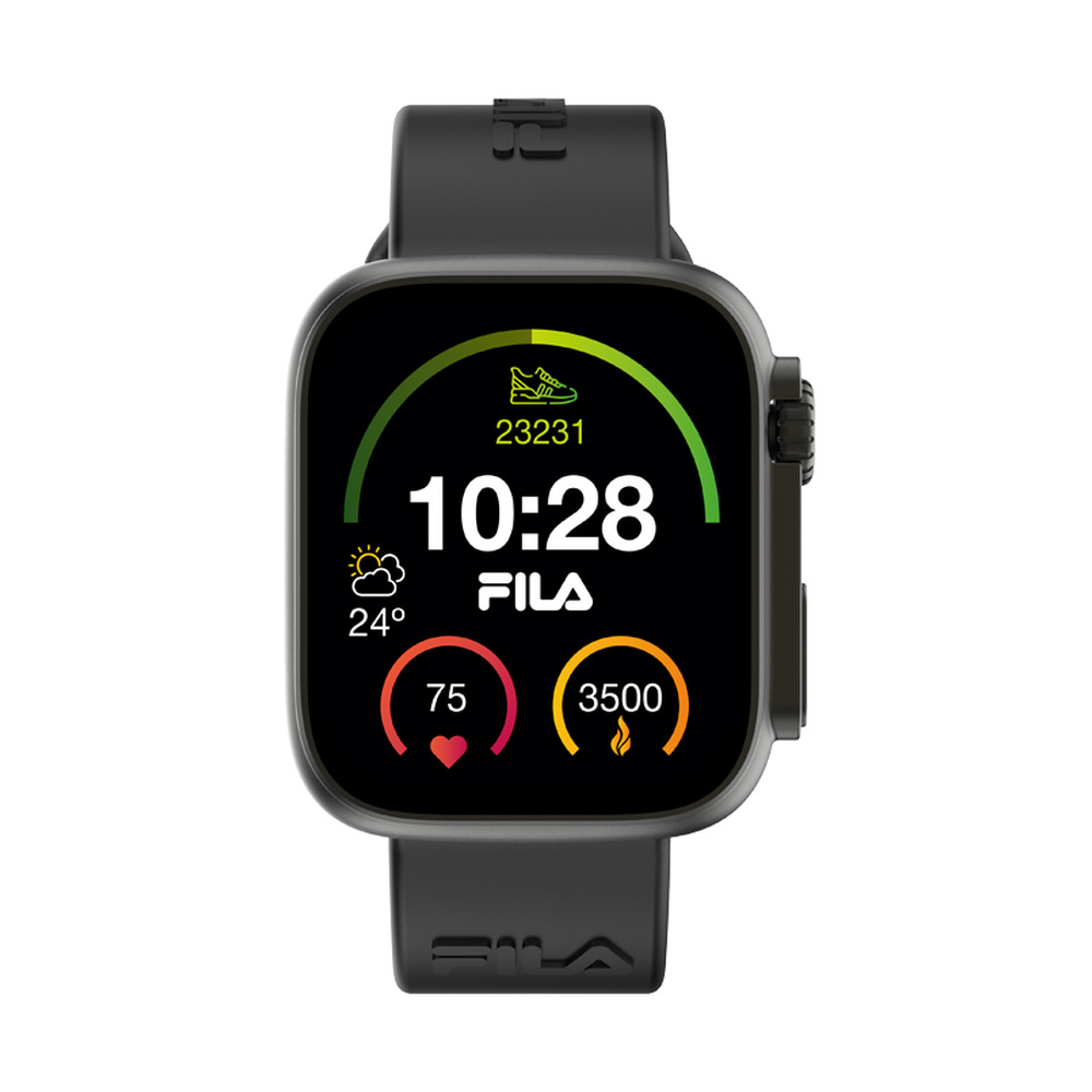 Reloj inteligente Fila negro con pantalla digital que muestra la hora, el clima y métricas de condición física.