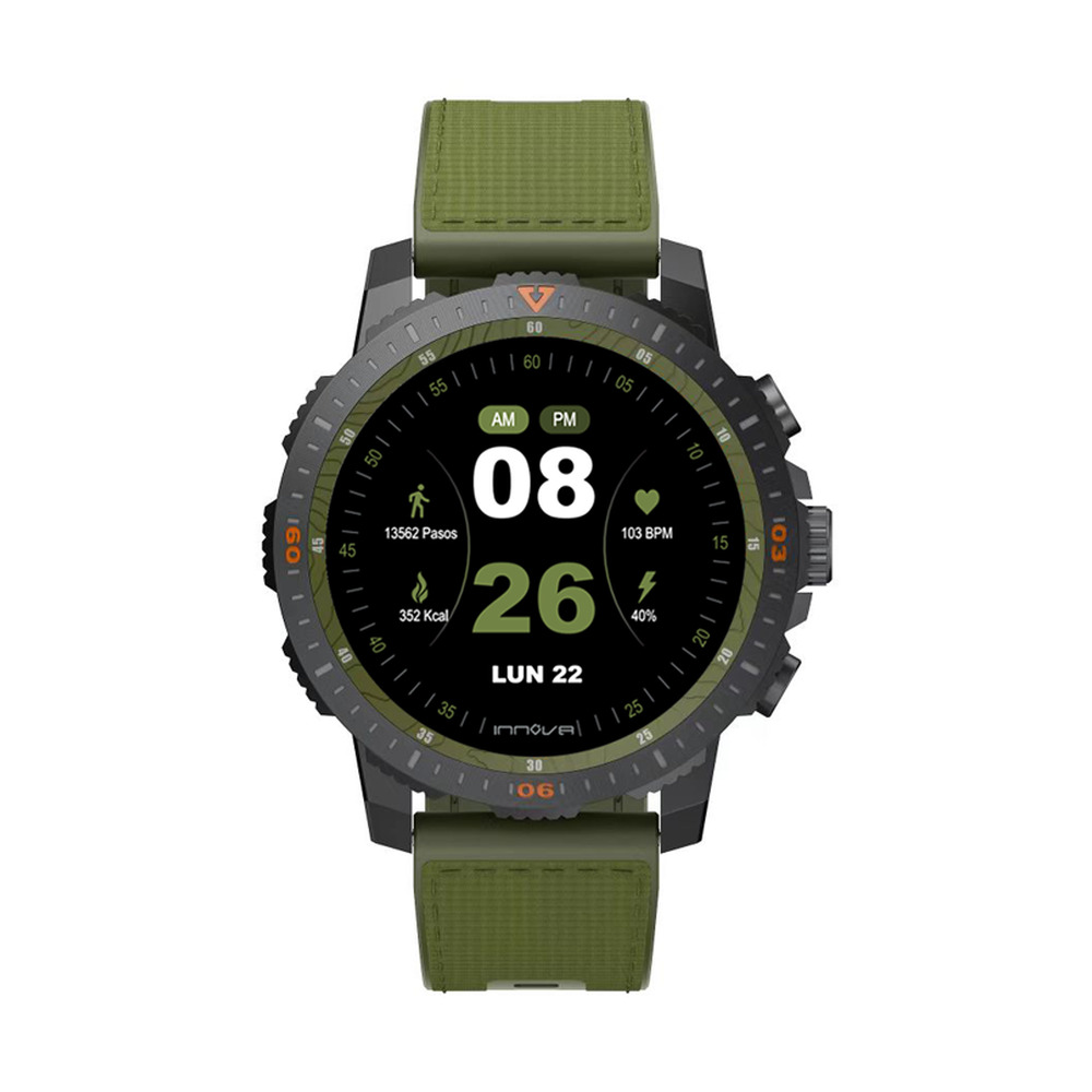 Un reloj inteligente verde con caja negra muestra la hora digital 08:26, fecha y datos de fitness en su pantalla.