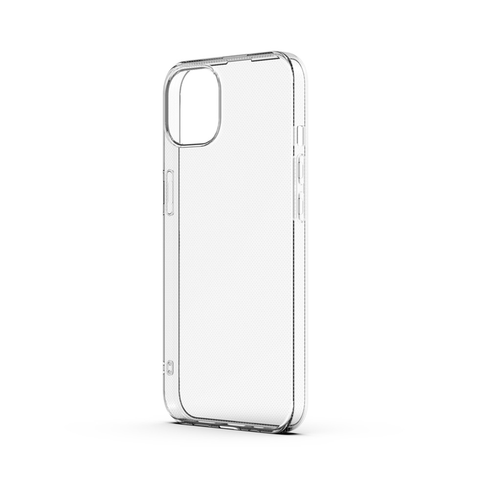 Una funda protectora transparente para un teléfono inteligente sobre fondo blanco.