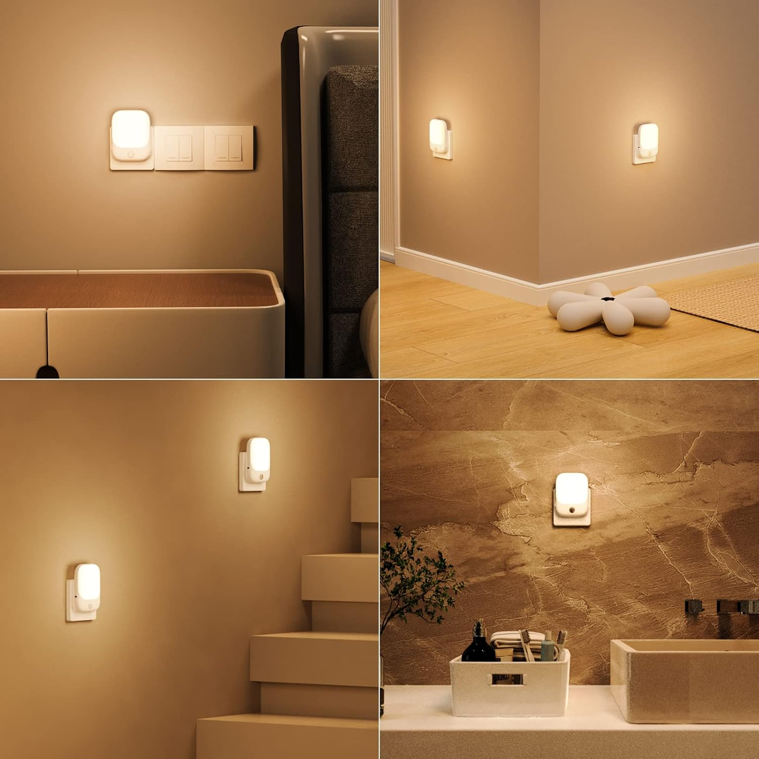 Vier Felder zeigen ein kleines weißes Nachtlicht in Steckdosen an verschiedenen Orten im Haus mit warmem Licht.