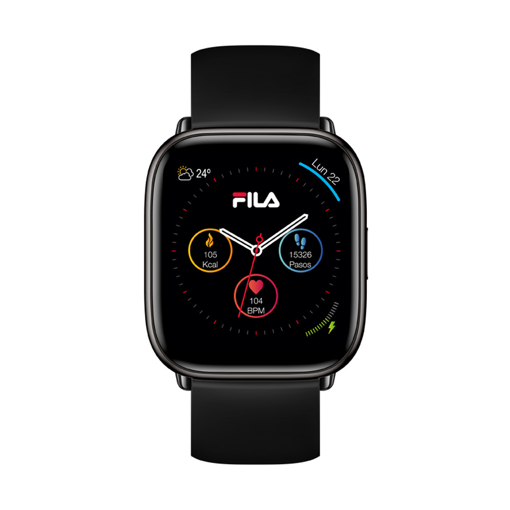 Reloj inteligente Fila negro con esfera digital que muestra calorías, pasos y frecuencia cardíaca.