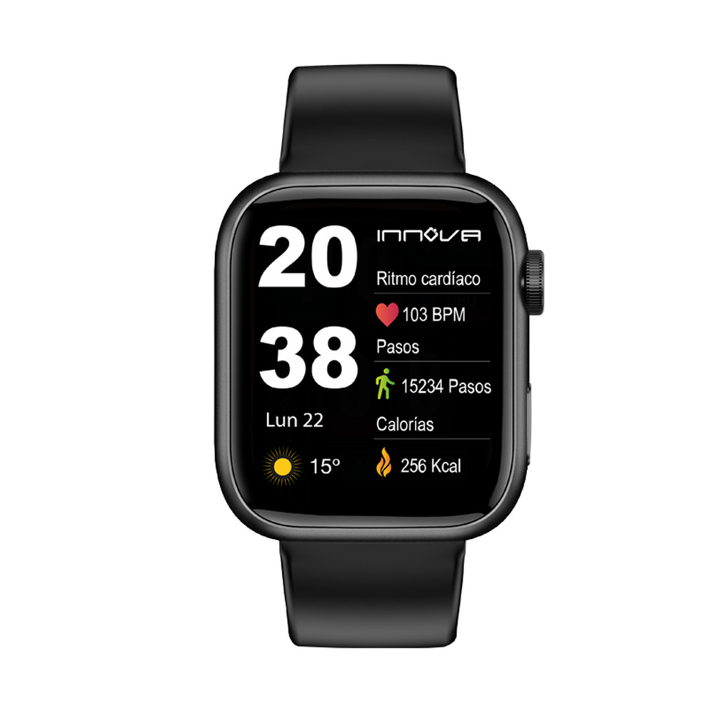 Un reloj inteligente negro muestra la hora, frecuencia cardíaca, pasos y calorías en su pantalla digital.