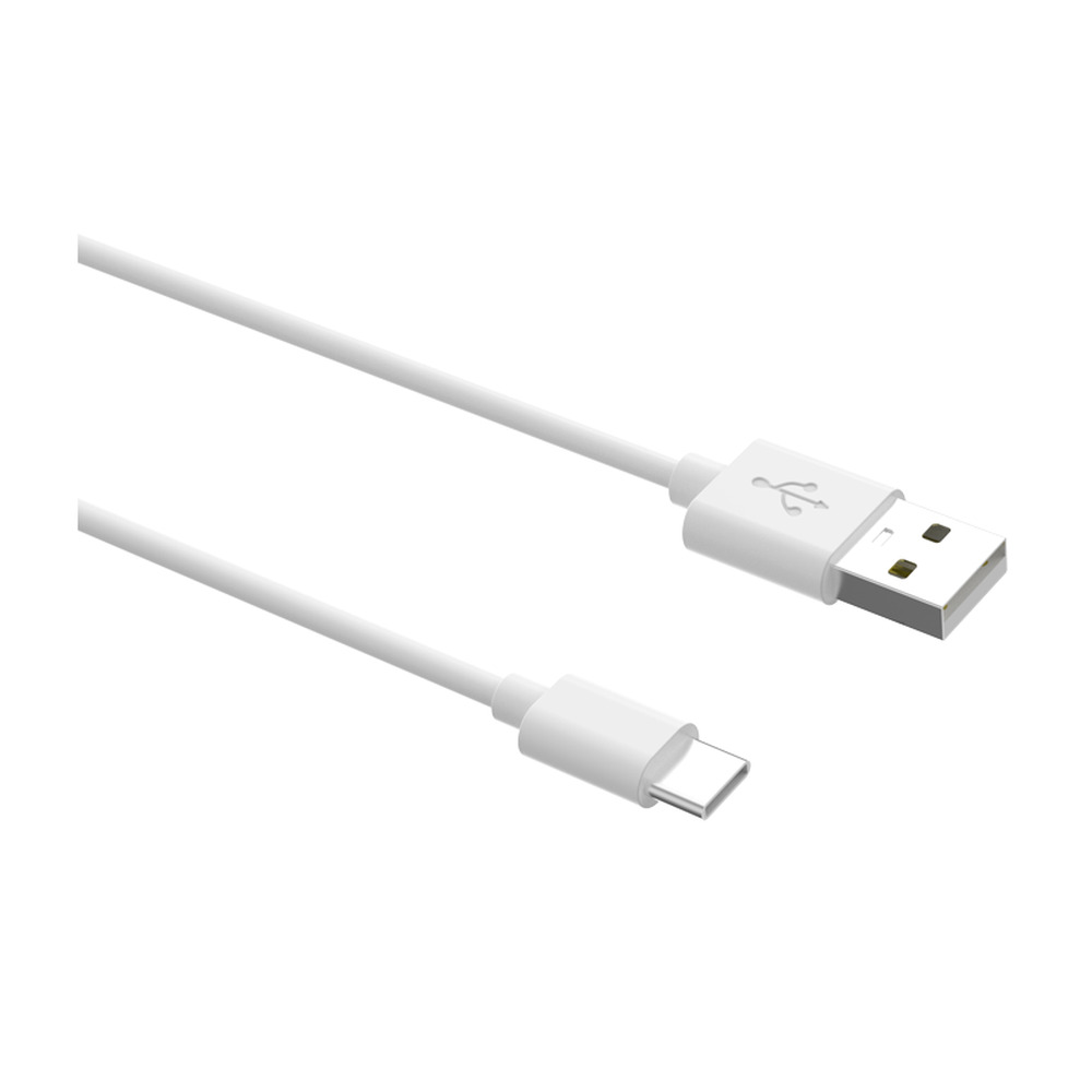 Un cable USB blanco con conectores USB-A y USB-C sobre un fondo blanco.