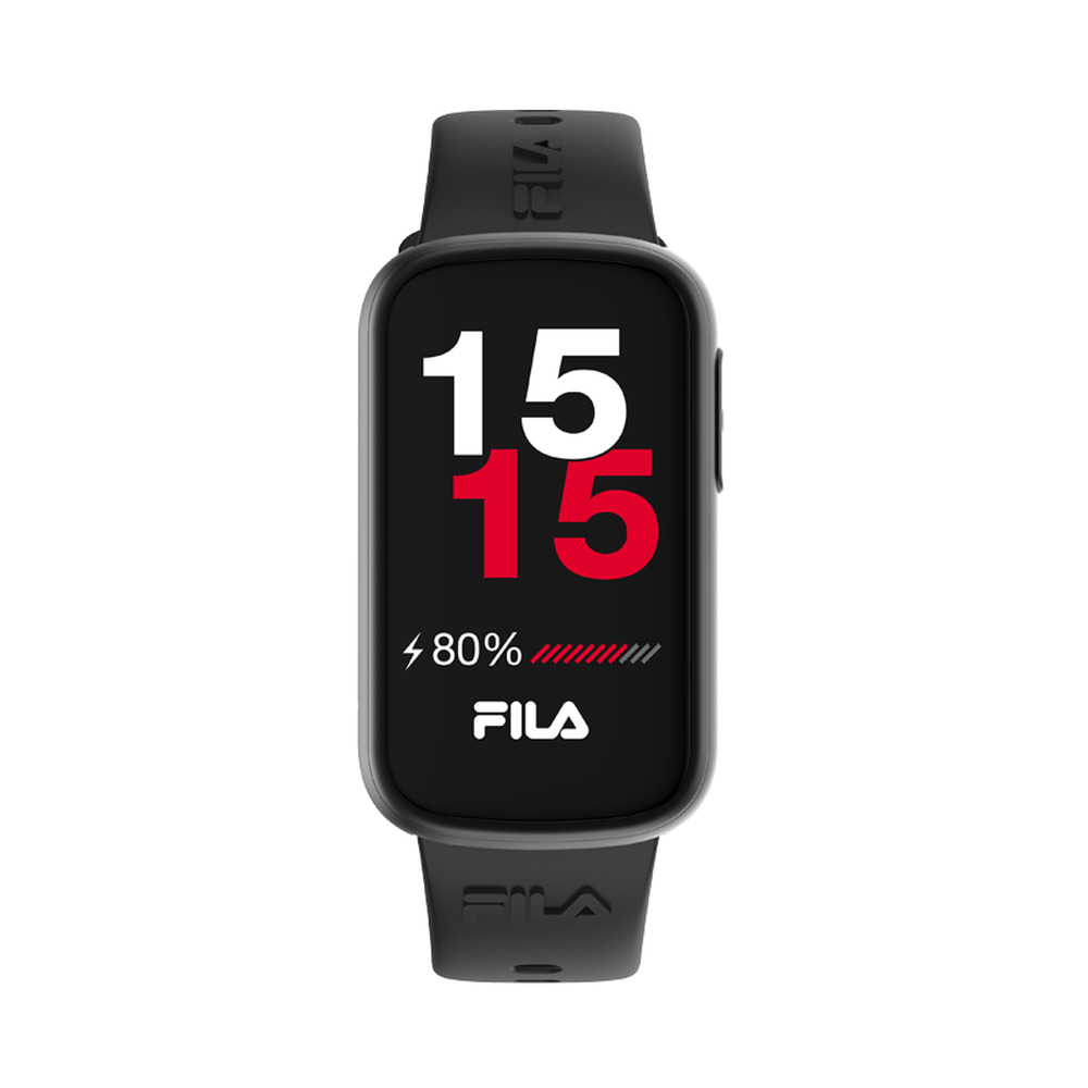 Reloj inteligente Fila negro con pantalla blanca y roja que muestra las 15:15 y 80% de batería.