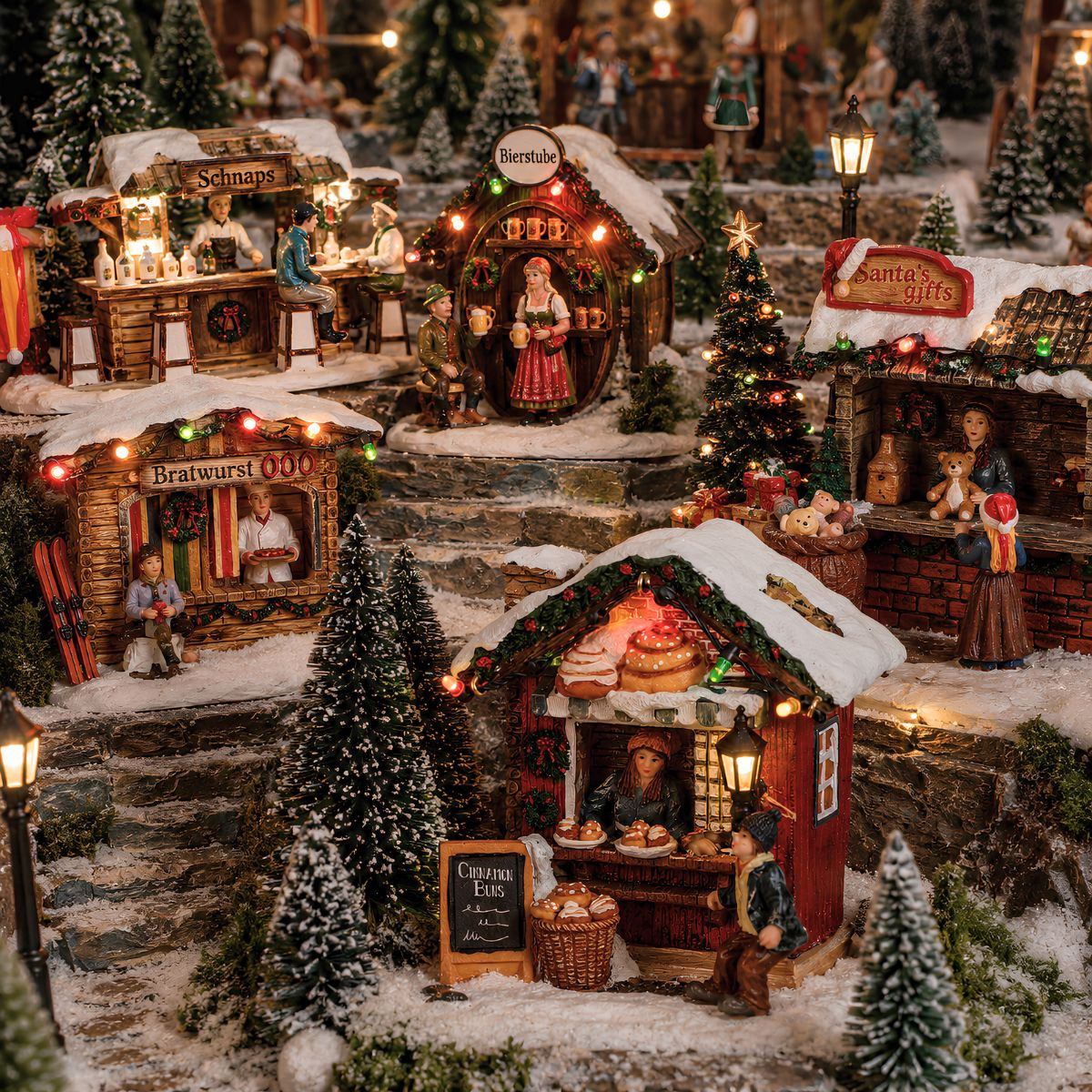 Verlicht kerstdorp met houten hutjes, beeldjes, besneeuwde dennenbomen en lampjes.