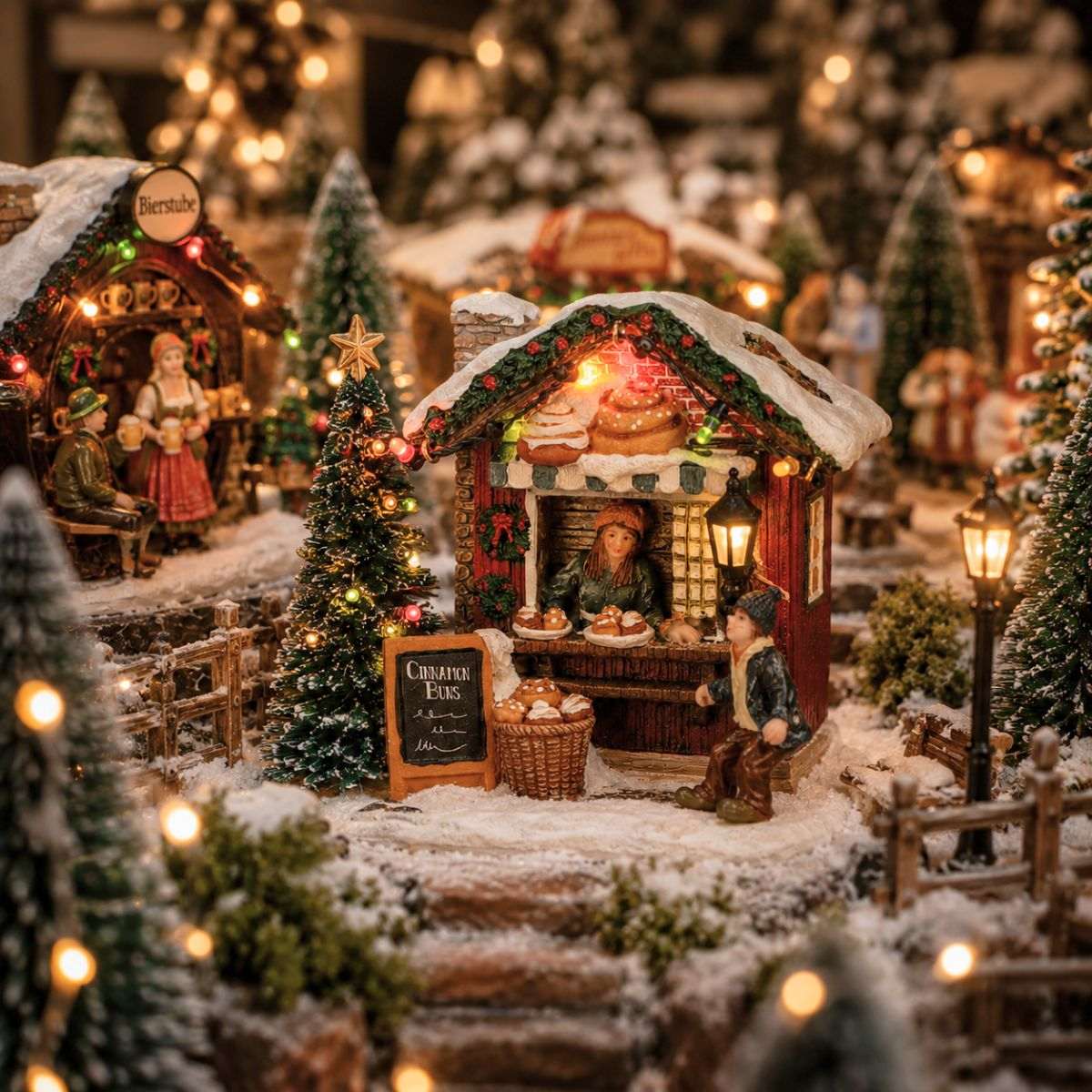 Verlicht kerstdorp met een kaneelbroodjeskraam, besneeuwde dennenbomen en figuren op de achtergrond.