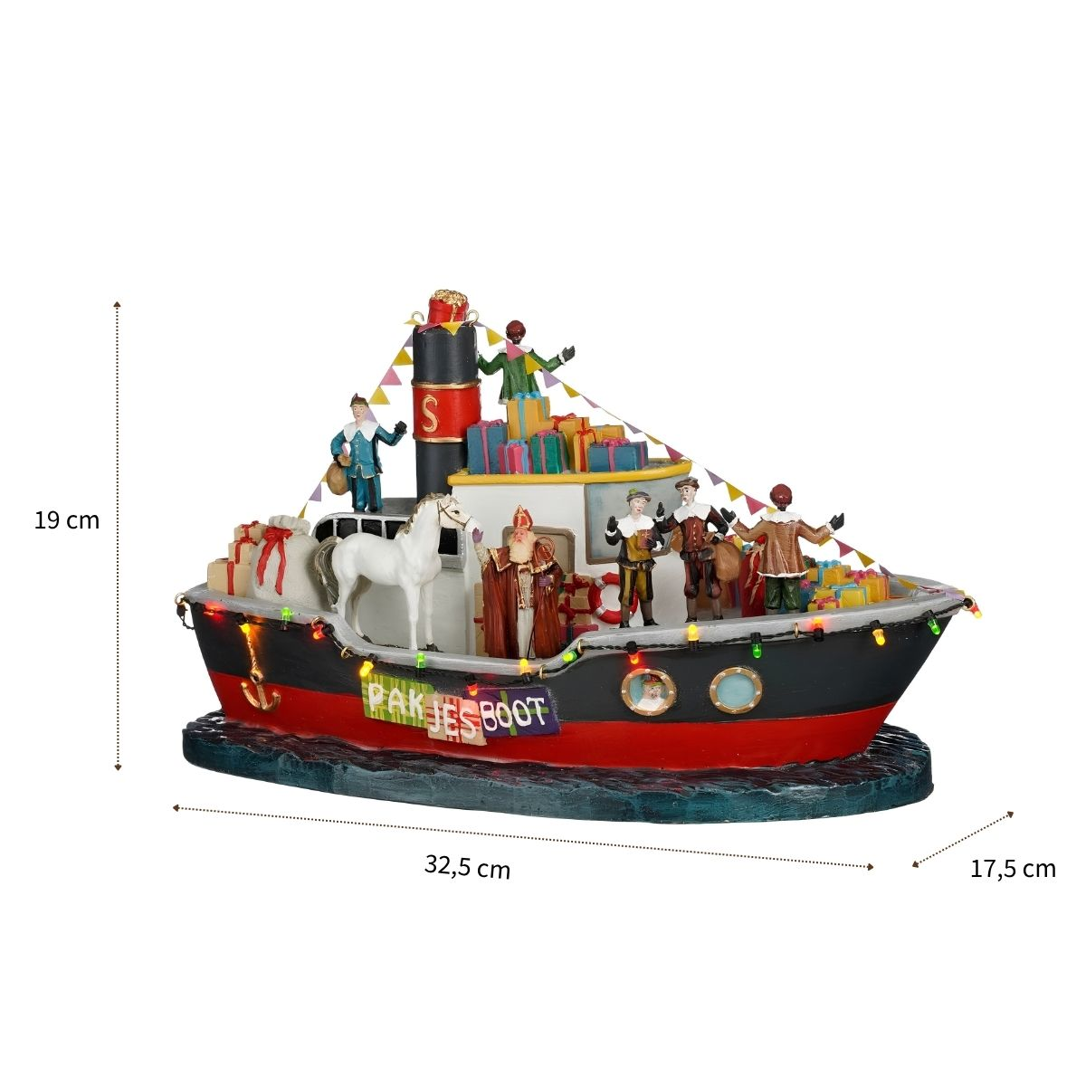Een kleurrijk Sinterklaasboot-figuur met poppetjes, cadeautjes en een wit paard, afmeting 32,5x17,5x19 cm.