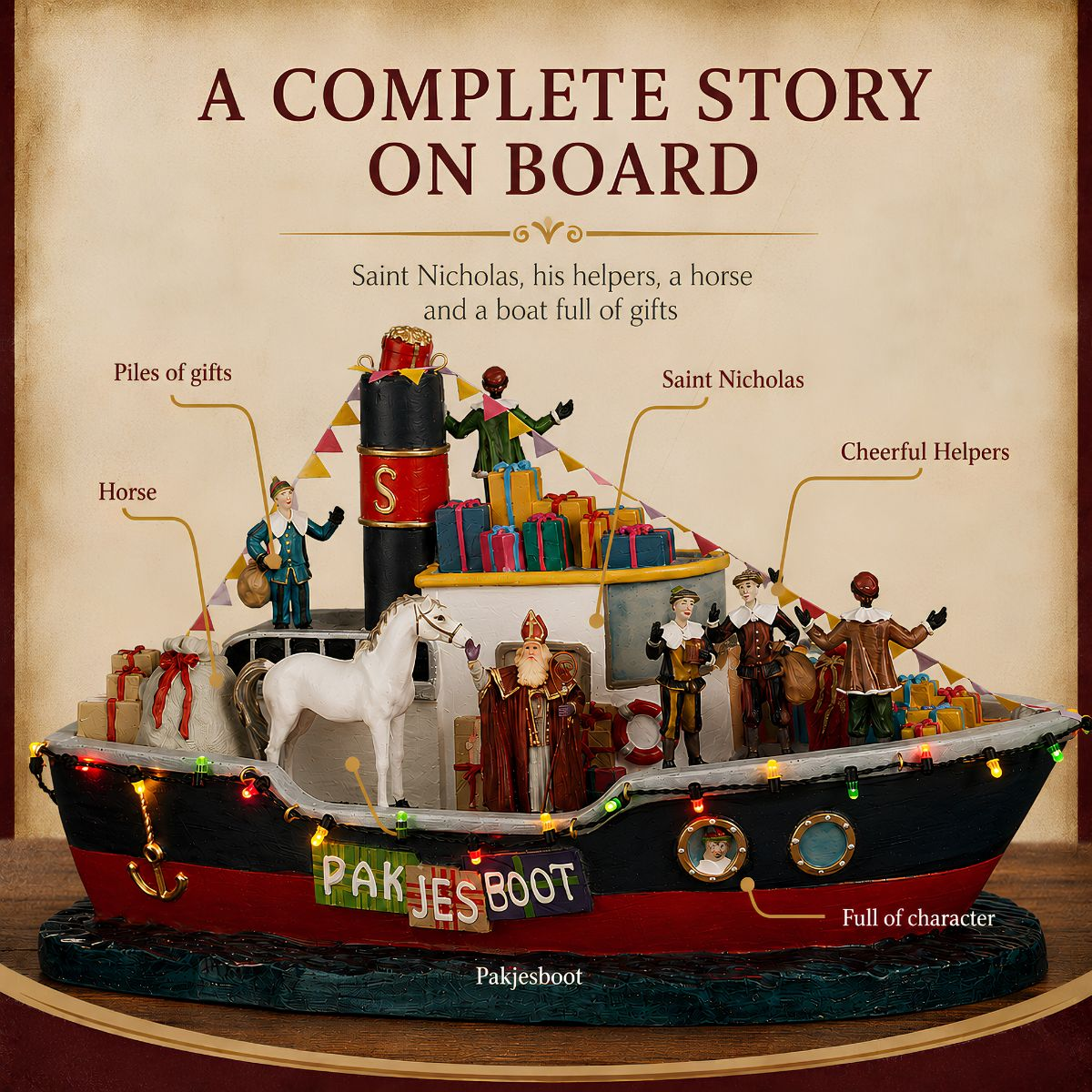 Model van een rood-zwarte boot met figuren van Sinterklaas, een paard en stapels cadeautjes.