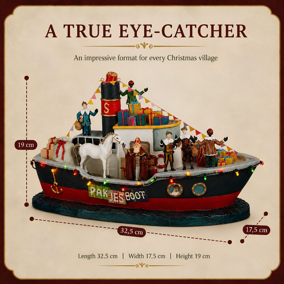 Kerstboot met figuren en cadeautjes, verlicht, afmeting 32,5x17,5x19 cm.