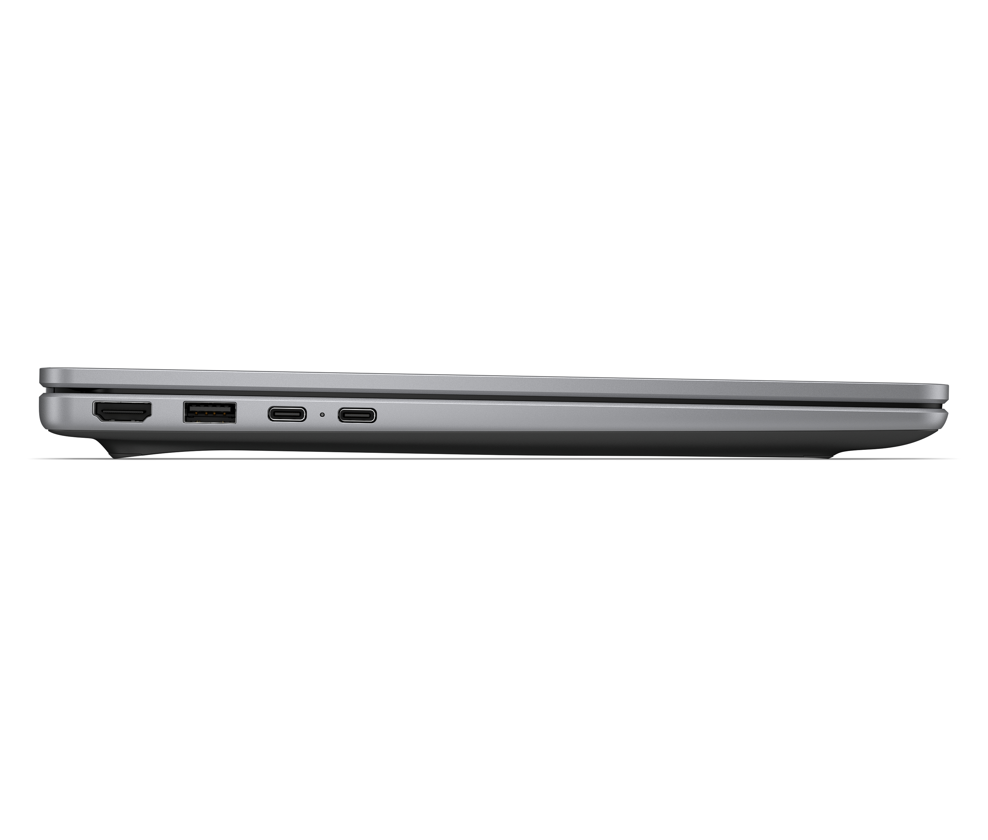 Vista laterale di un laptop grigio chiuso che mostra porte tra cui HDMI, USB-A e due USB-C.