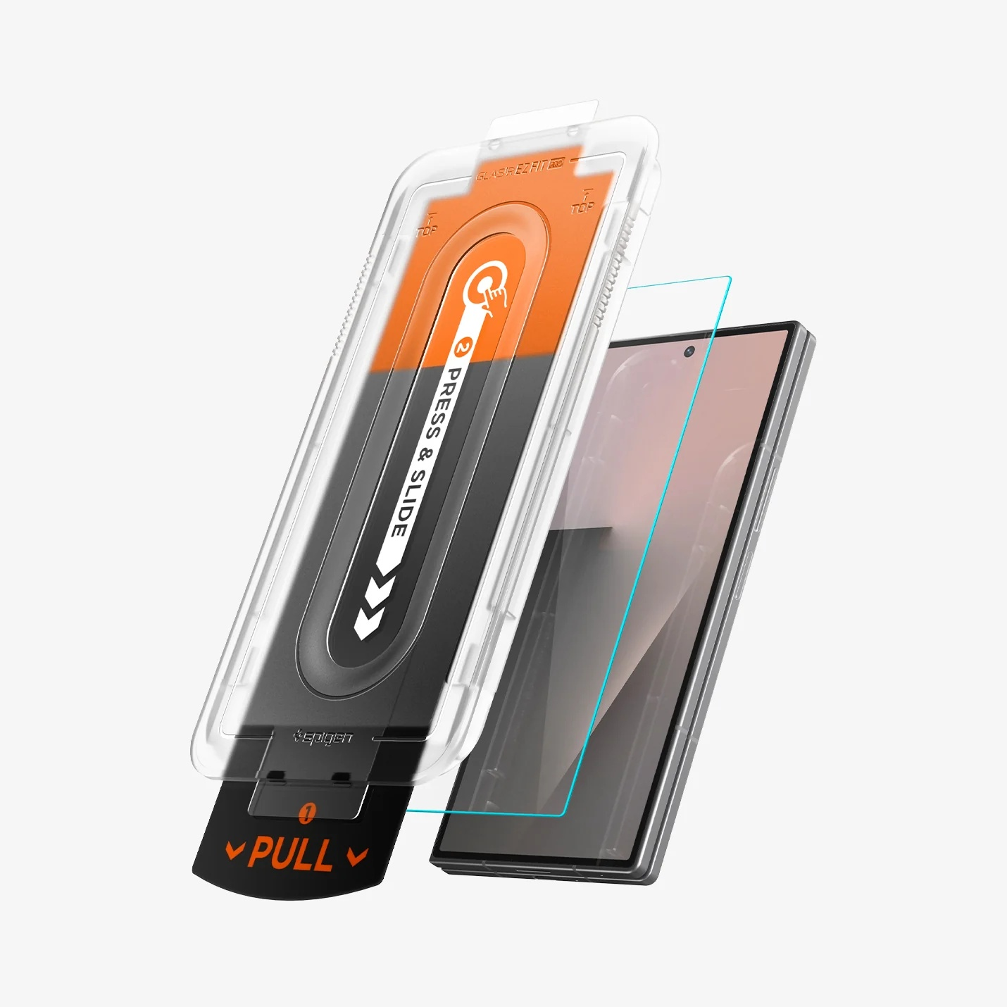 A smartphone and an installation tool with orange and black accents for applying the screen protector.