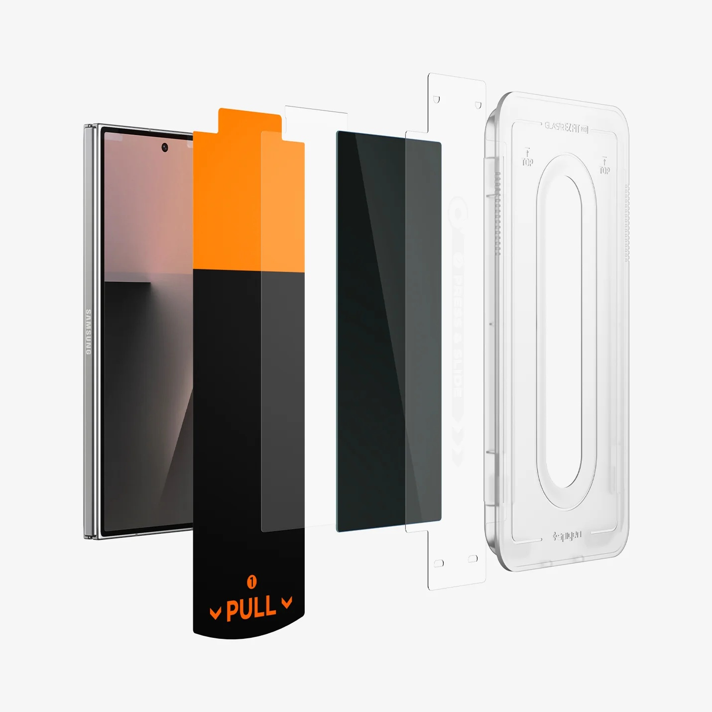 An exploded view of a smartphone screen protector kit showing the phone, application film, and plastic alignment tray.