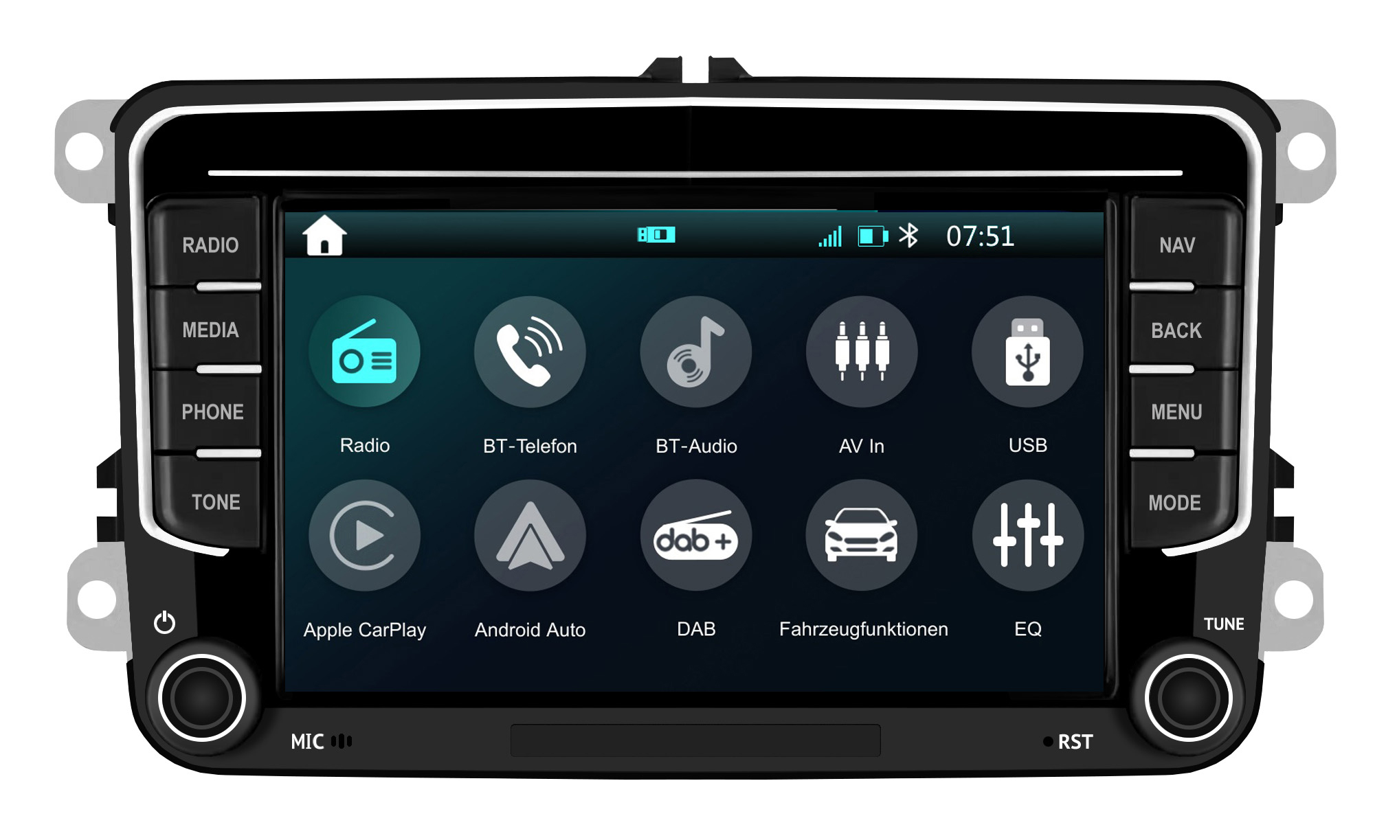 Ein schwarzes Autoradio mit Touchscreen und Symbolen für Radio, Telefon, Medien und Fahrzeugfunktionen.
