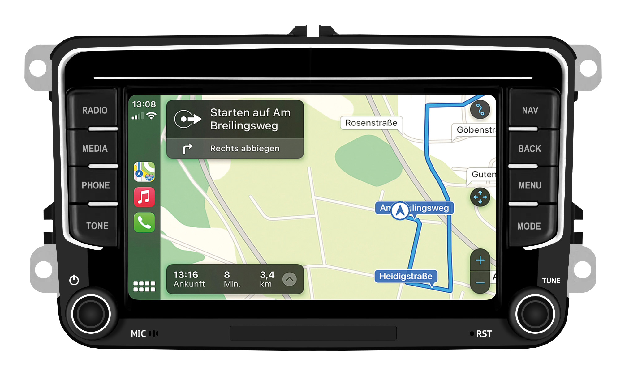 Ein Autoradio mit GPS-Navigation auf dem Touchscreen und physischen Knöpfen.