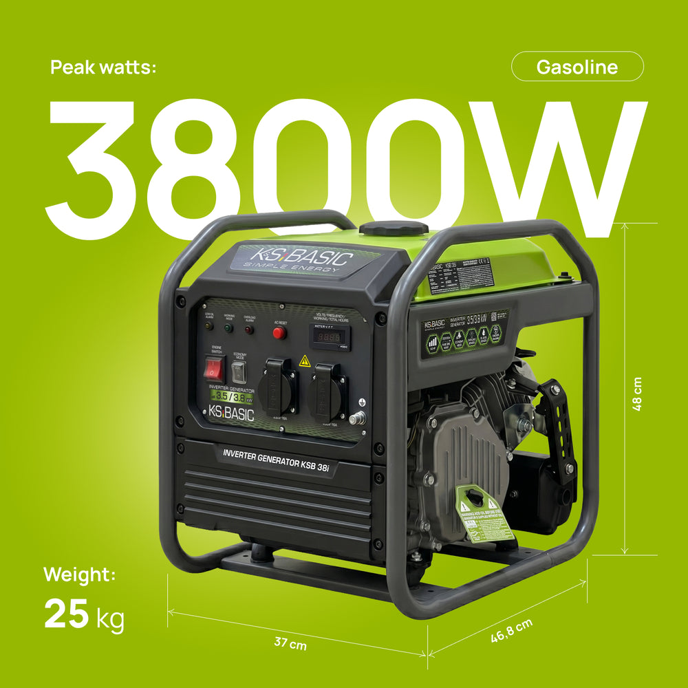 Zielony agregat prądotwórczy inwertorowy KS BASIC 3800W, benzyna, wymiary 46,8x37x48 cm i waga 25 kg.