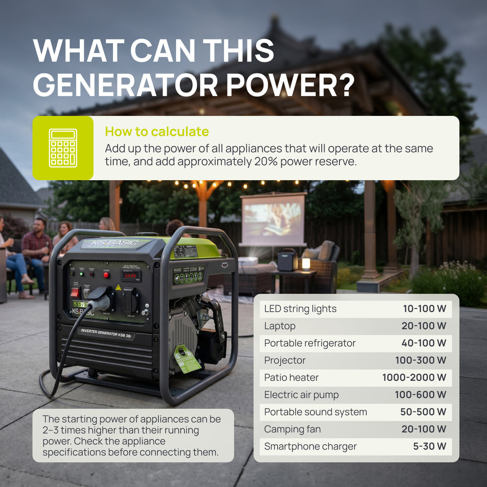 Przenośny generator na pierwszym planie, a w tle ludzie oglądający projekcję w ogrodzie.
