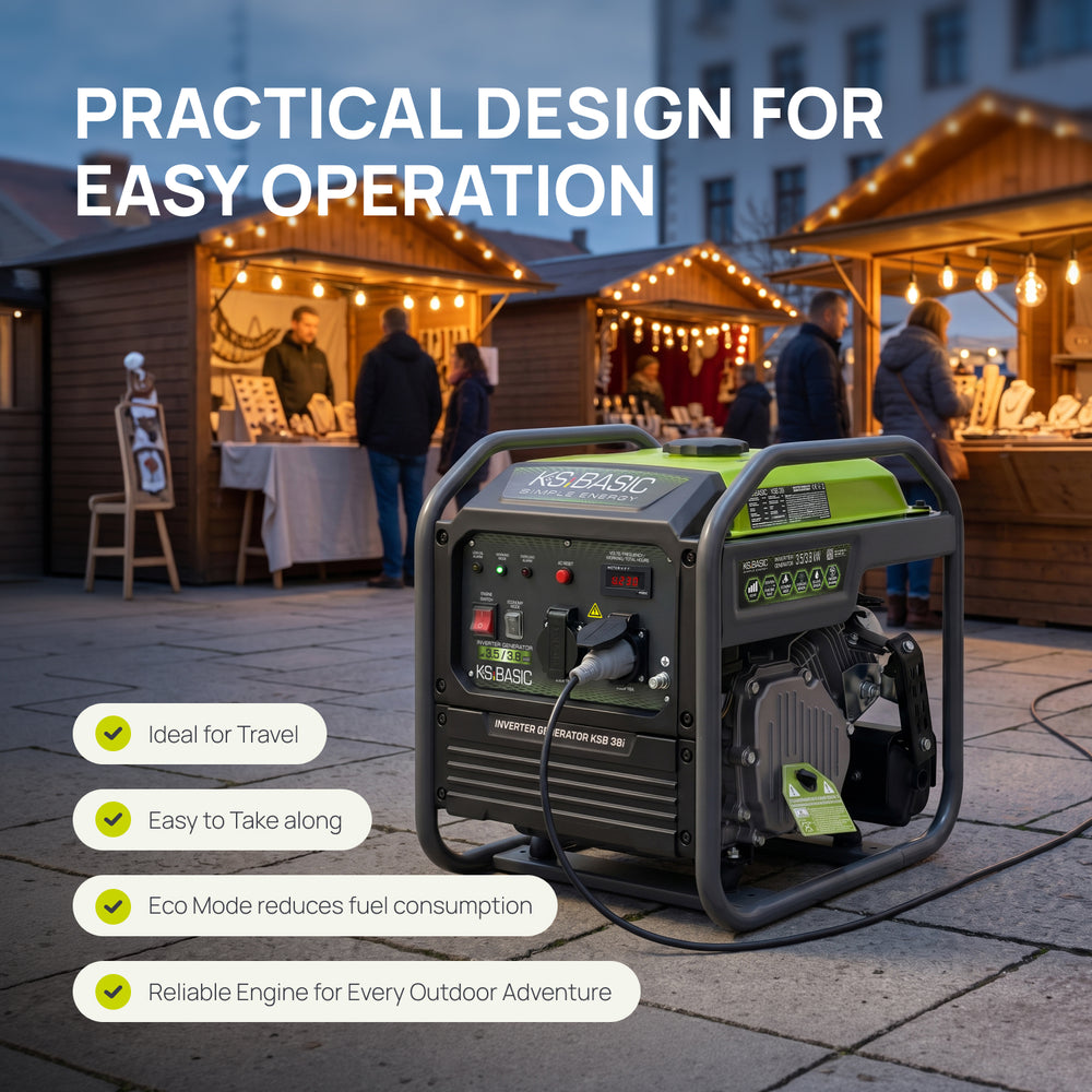Zielono-czarny generator inwertorowy przed oświetlonymi drewnianymi straganami.