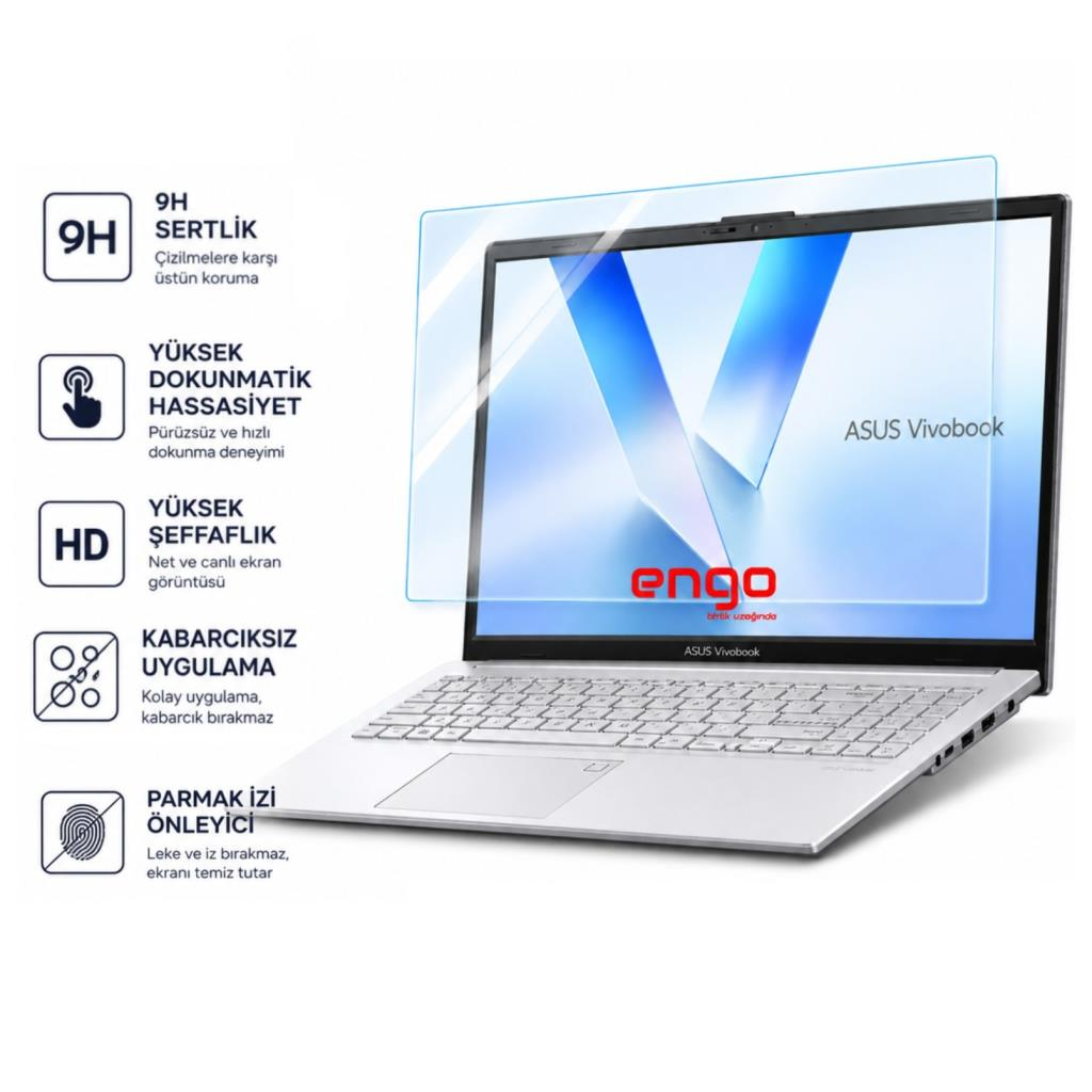 Sol tarafta beş özellik simgesi olan, kaldırılmış şeffaf ekran koruyuculu ASUS Vivobook dizüstü bilgisayar.