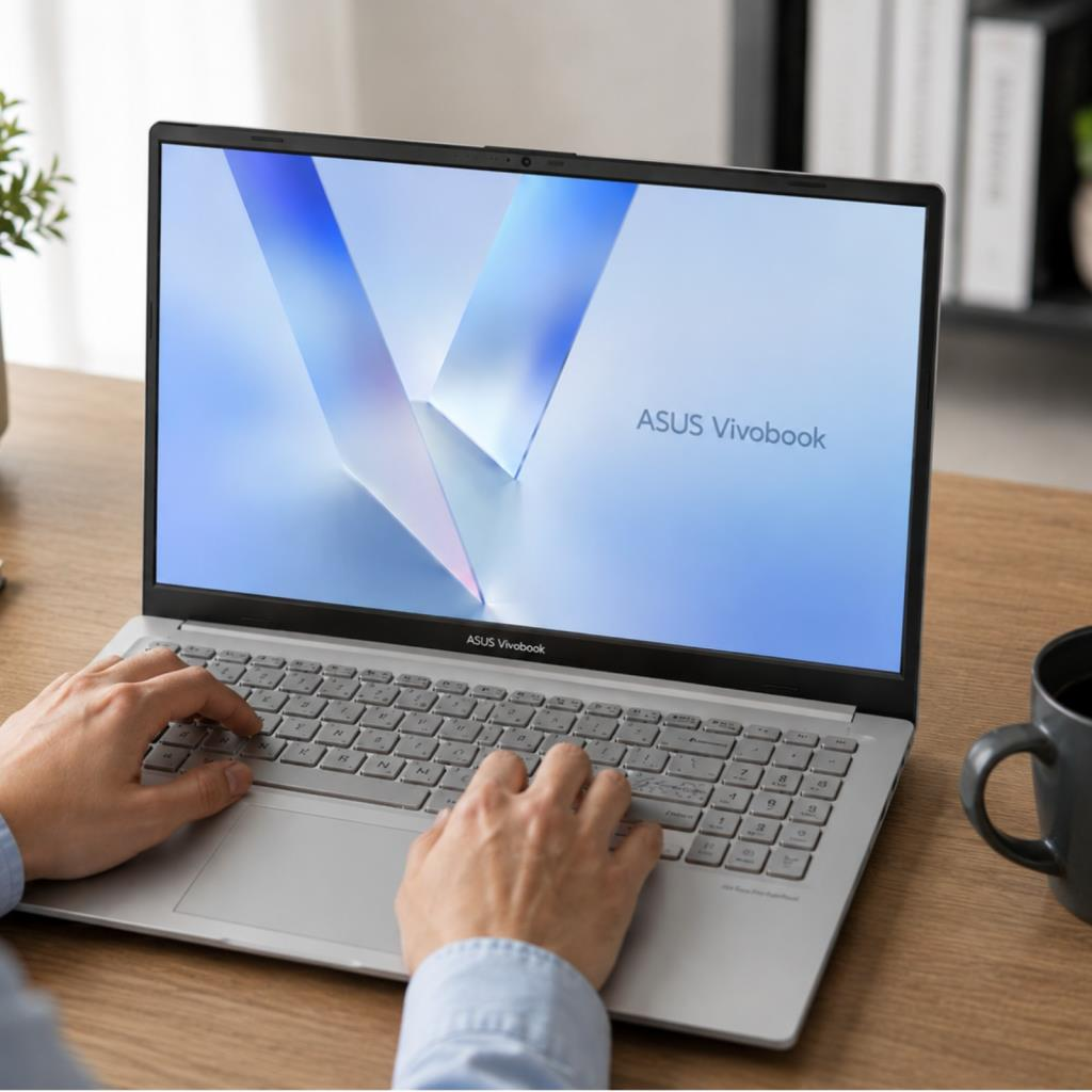Ahşap bir yüzeyde, koyu renkli bir kupanın yanında gümüş rengi bir ASUS Vivobook dizüstü bilgisayarda yazan bir kişi.