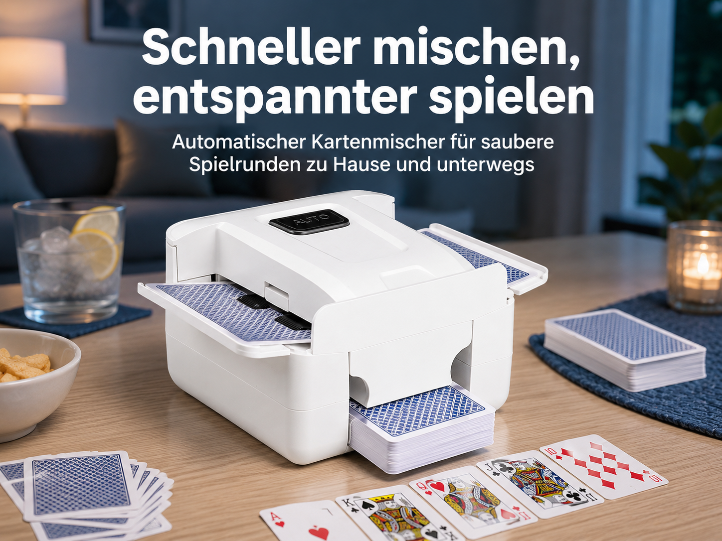 Ein weißer automatischer Kartenmischer auf einem Tisch mit Spielkarten und Text über schnelles Mischen.