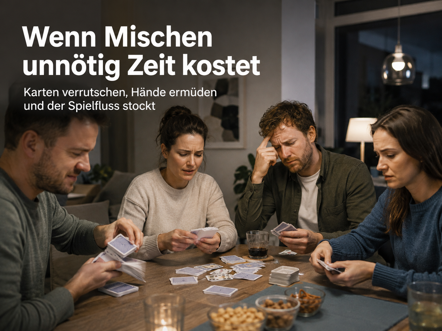 Vier frustrierte Personen sitzen an einem Tisch und mischen mühsam Spielkarten mit Textoverlay.