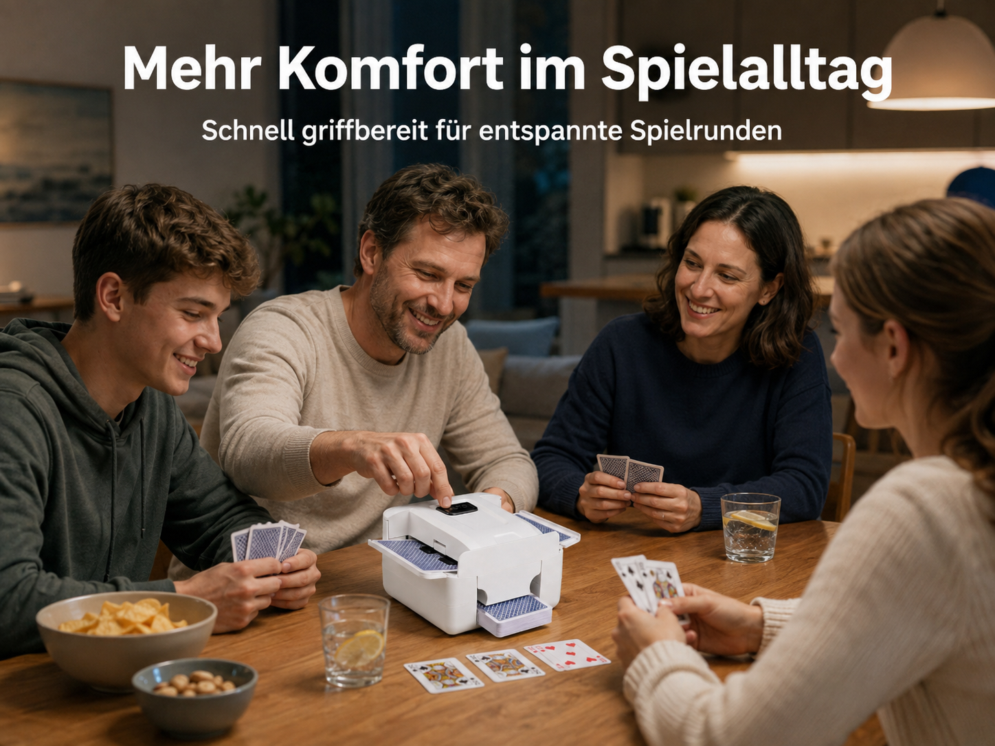 Vier Personen sitzen an einem Holztisch und spielen Kartenspiele mit einer automatischen Kartenschleifmaschine.