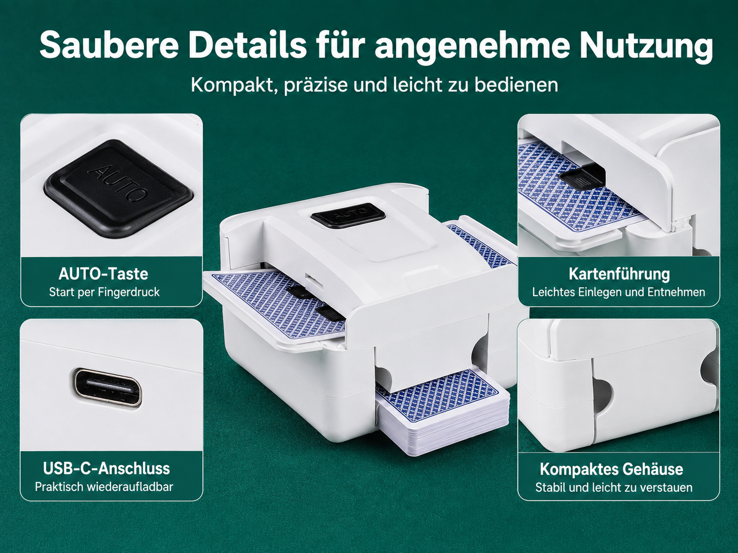 Weißer automatischer Kartenmischer mit Detailansichten von Auto-Taste, Kartenschlitz, USB-C-Anschluss und Gehäuse.