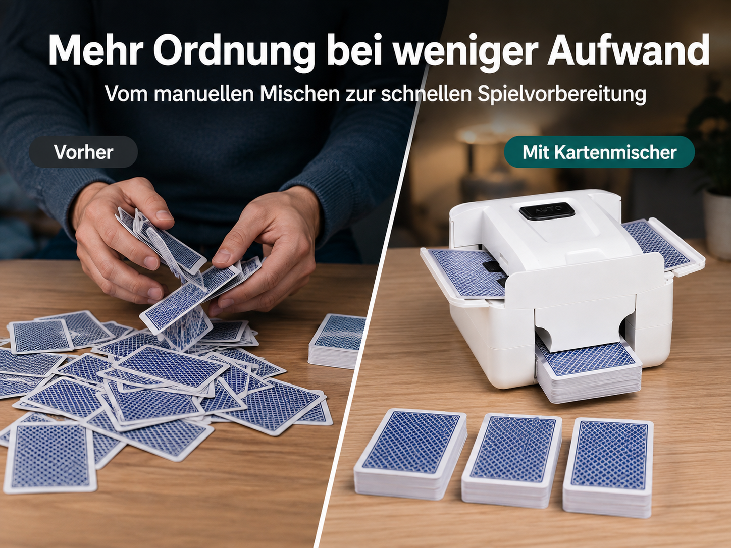 Vergleich von manuellem Mischen und Kartenmischen mit einem Automaten auf einem Holztisch.
