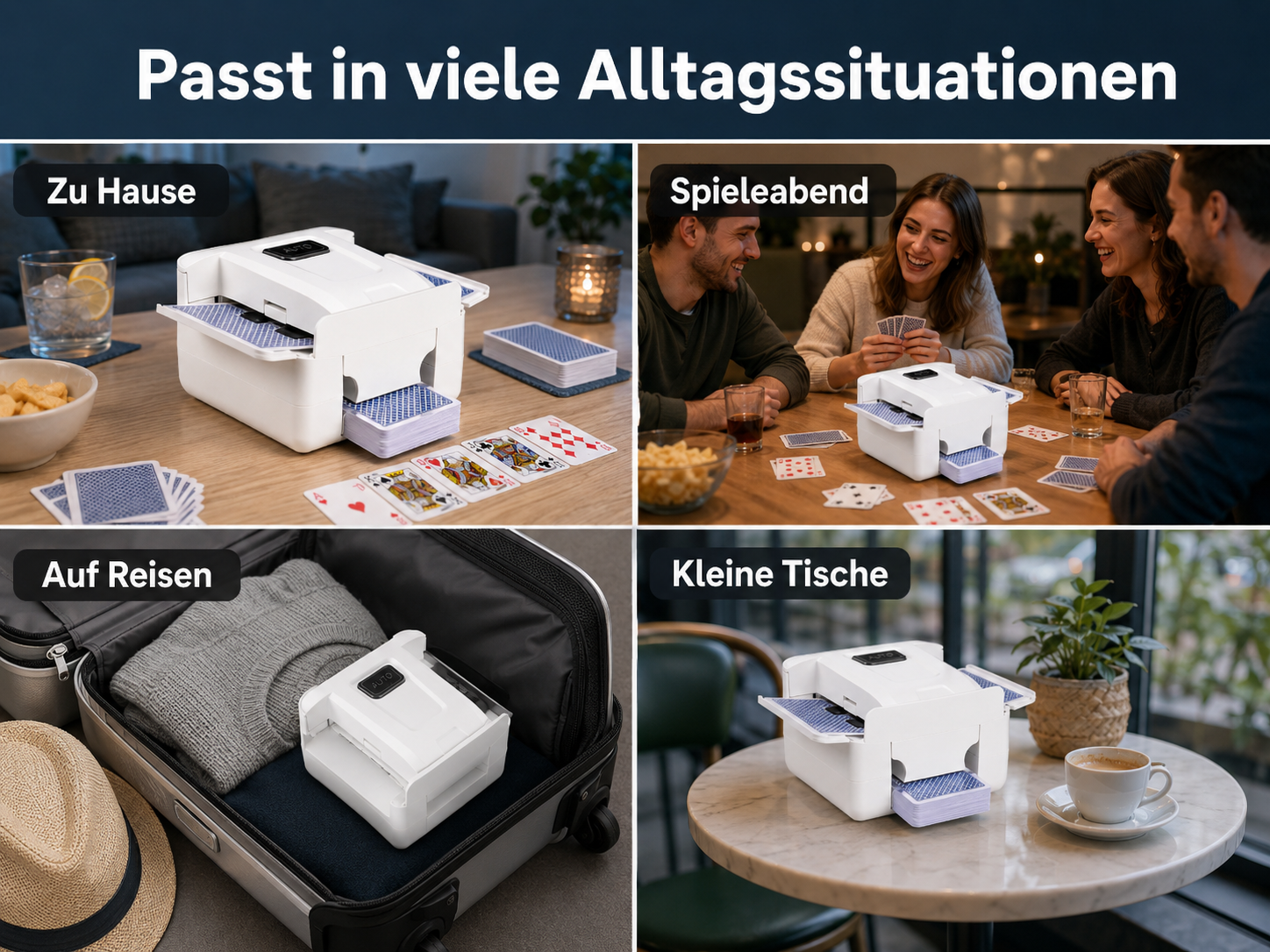 Vier Bilder zeigen einen automatischen Kartenschlitten zu Hause, beim Spieleabend, im Koffer und auf einem Tisch.