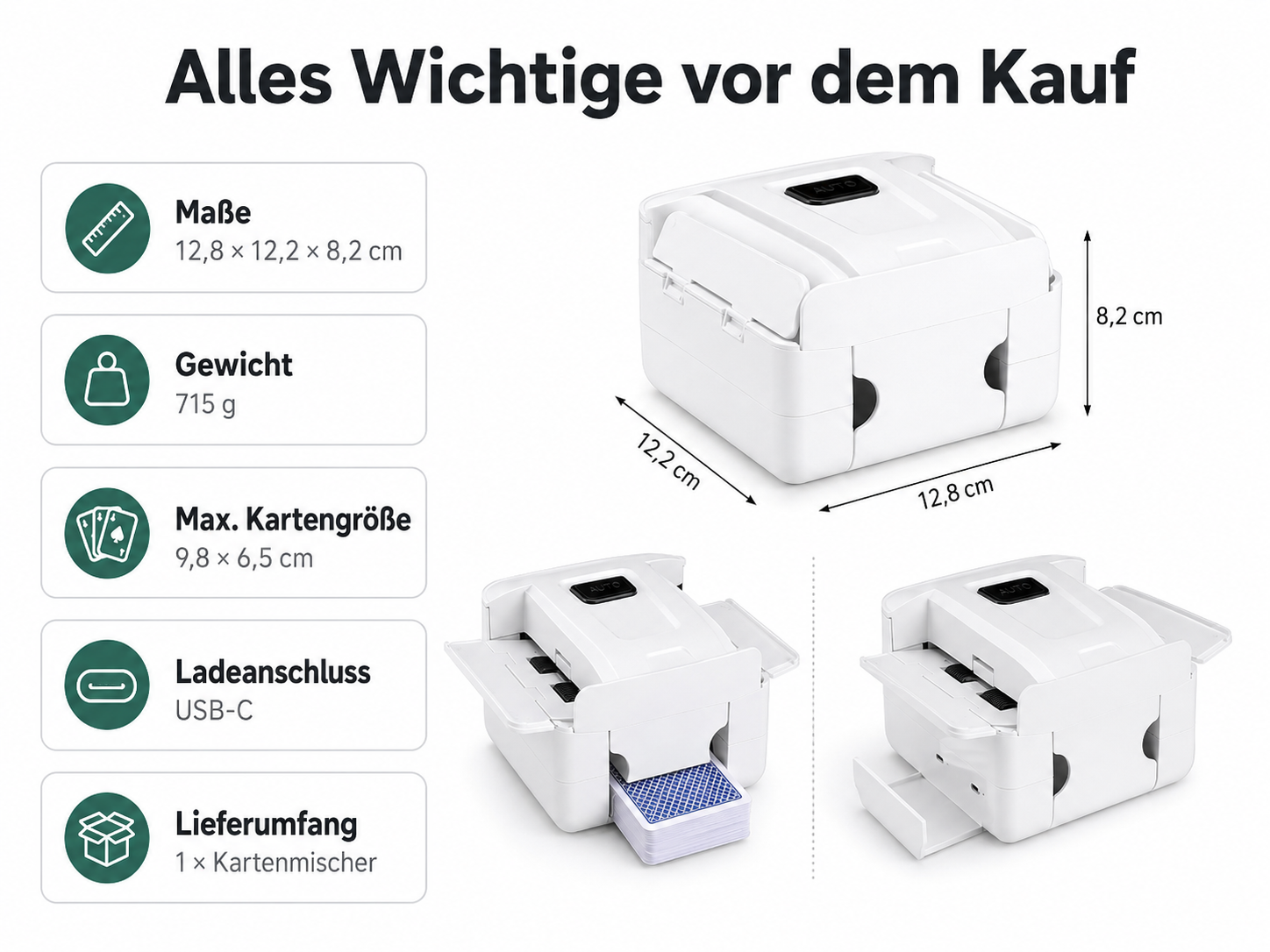 Technische Details und Maße eines weißen automatischen Kartenmischers.