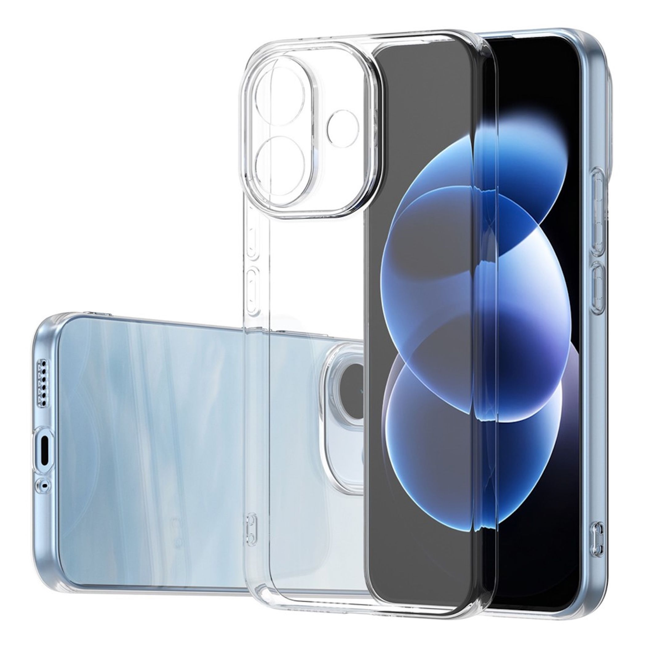 Transparente Smartphone-Hülle zeigt die Rück- und Vorderseite eines iPhones mit blauem Hintergrundbild.