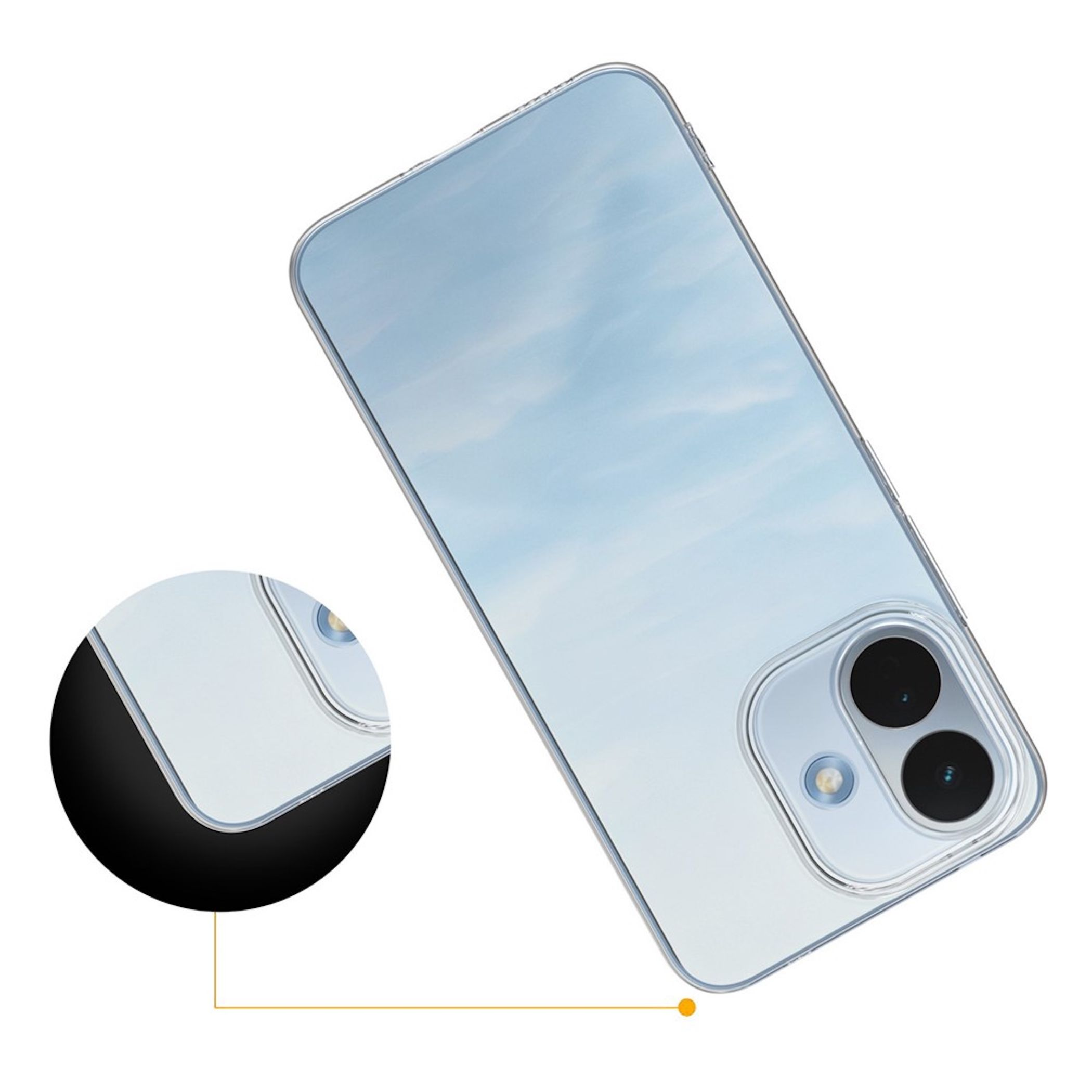 Ein Smartphone in einer hellblauen Hülle mit doppelter Kamera, inklusive Detailansicht einer Ecke.