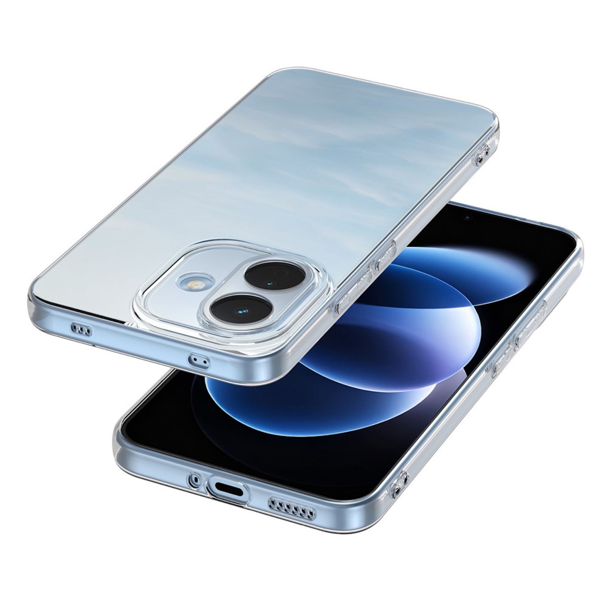 Zwei Smartphones in transparenten Hüllen auf weißem Hintergrund, eins zeigt die Rückseite mit zwei Kameras.