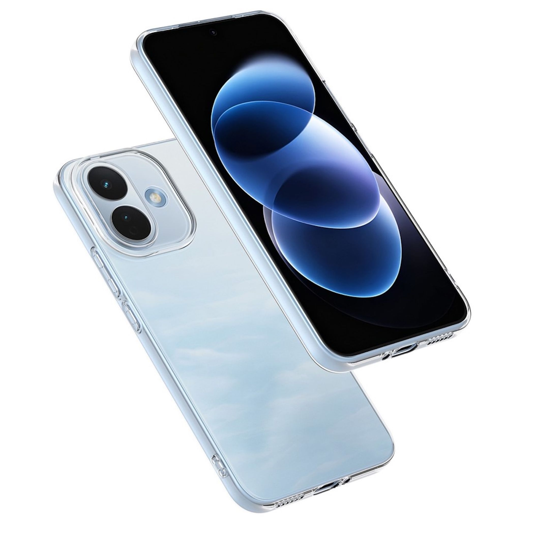 Zwei Smartphones in transparenten Schutzhüllen sind abgebildet, eins zeigt das Display und eins die Rückseite.