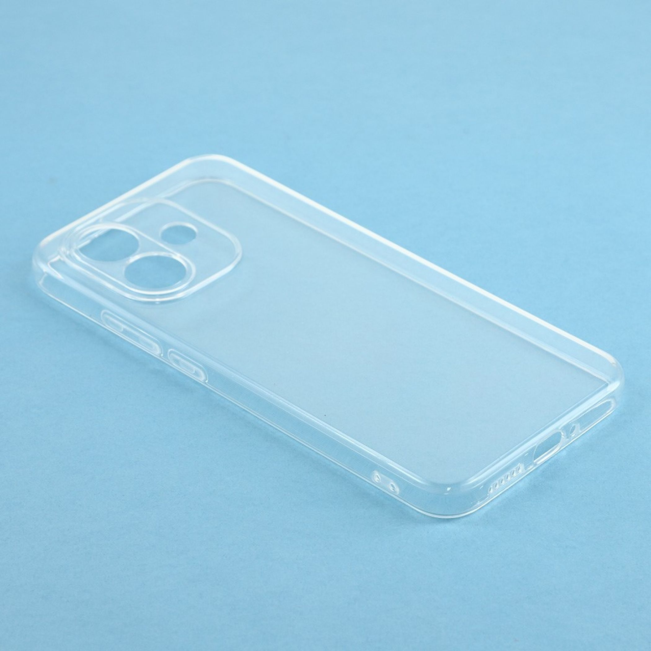 Eine transparente Handyhülle auf einem hellblauen Hintergrund.