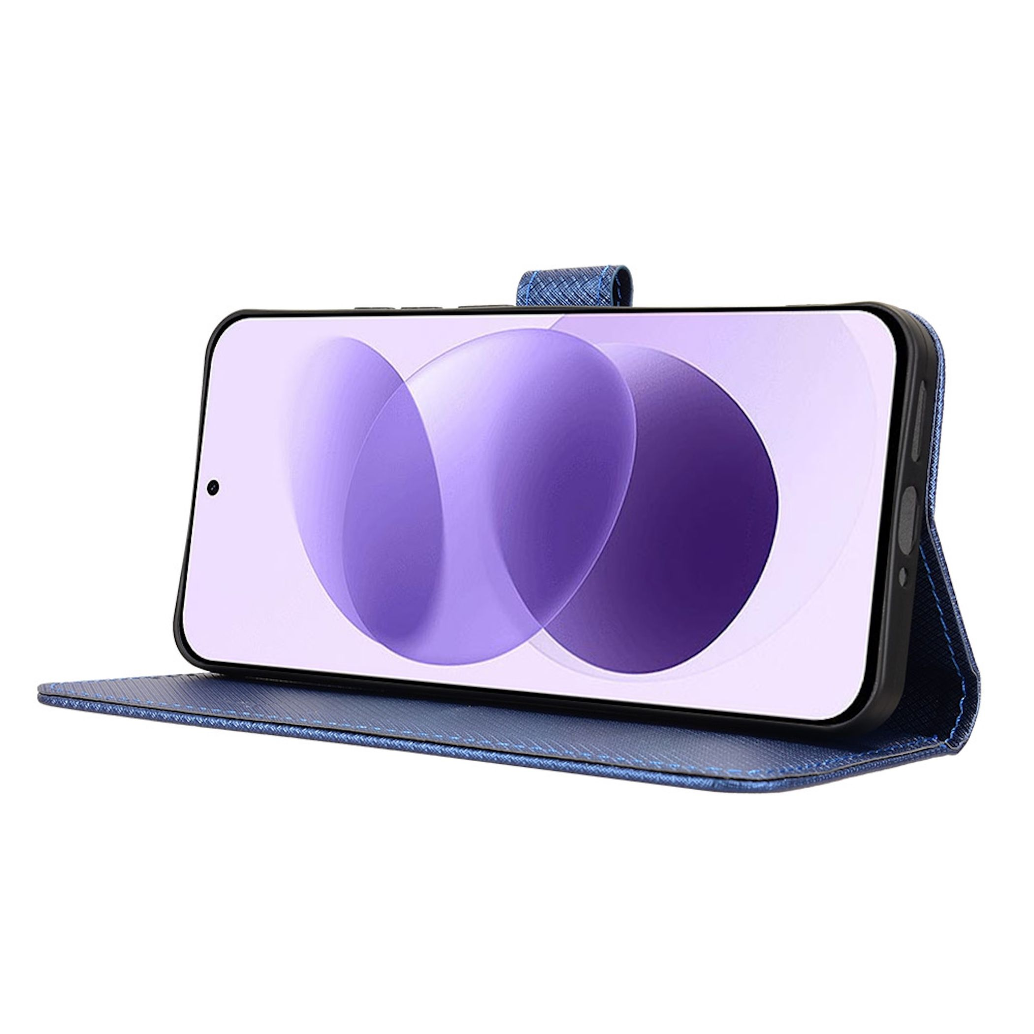 Ein Smartphone in einer blau strukturierten Klapphülle vor weißem Hintergrund.