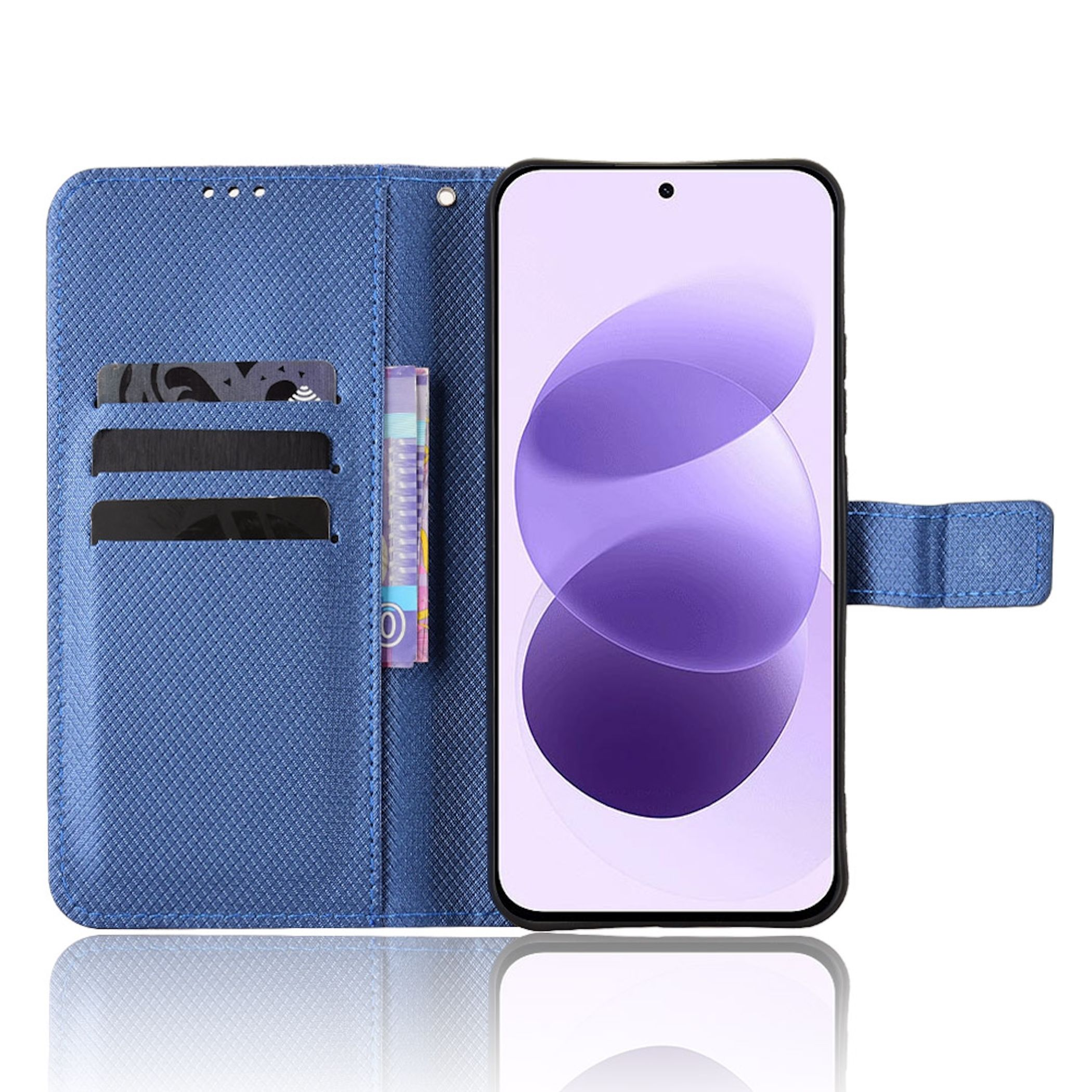 Ein blauer Klapphandyhülle mit Kartenfächern und einem Smartphone mit lilafarbenem Bildschirm.