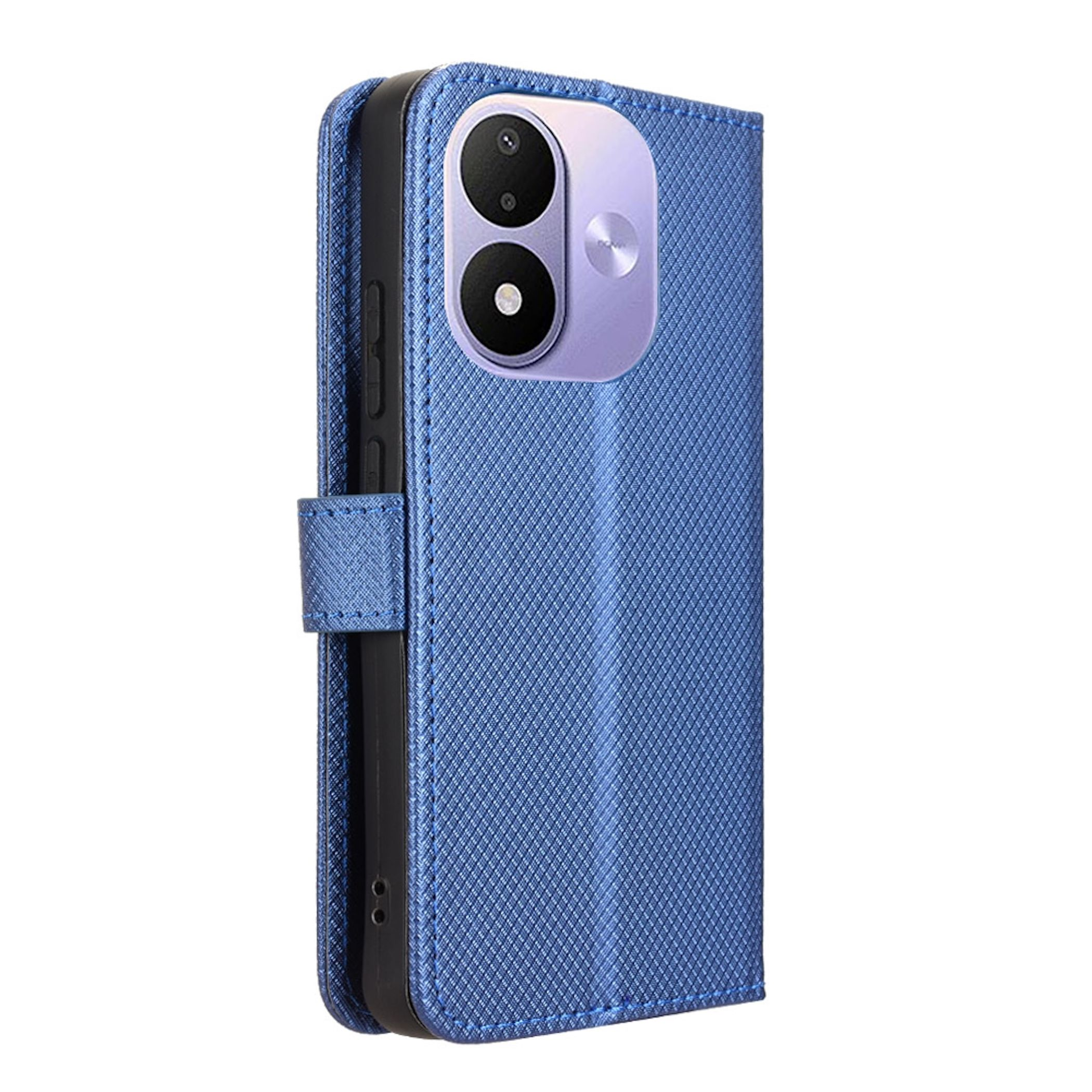 Ein blaues Handy in einer strukturierten Schutzhülle mit sichtbarer Doppelkamera auf der Rückseite.