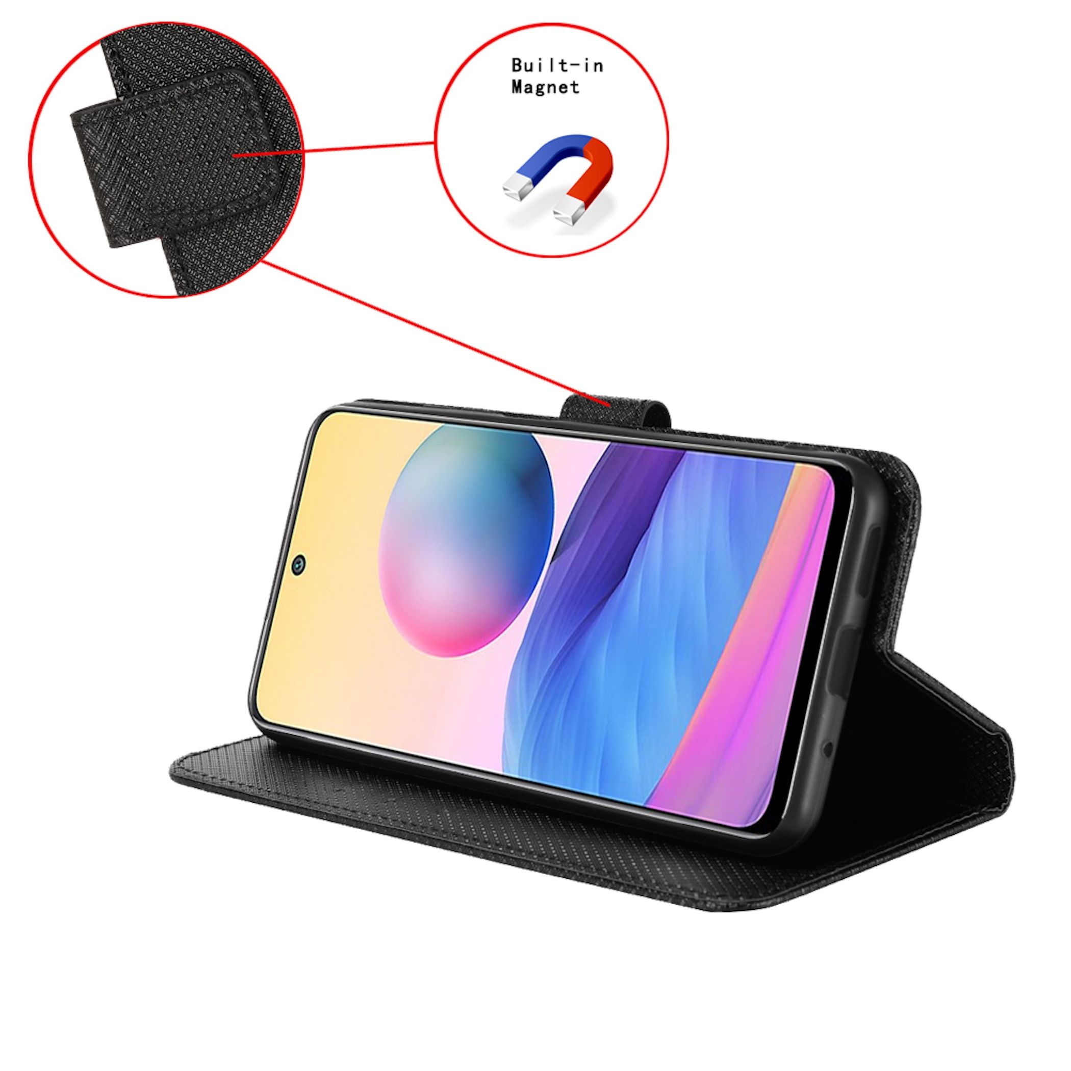 Schwarze Handy-Klapphülle mit integriertem Magnet und bunter Bildschirmgrafik.